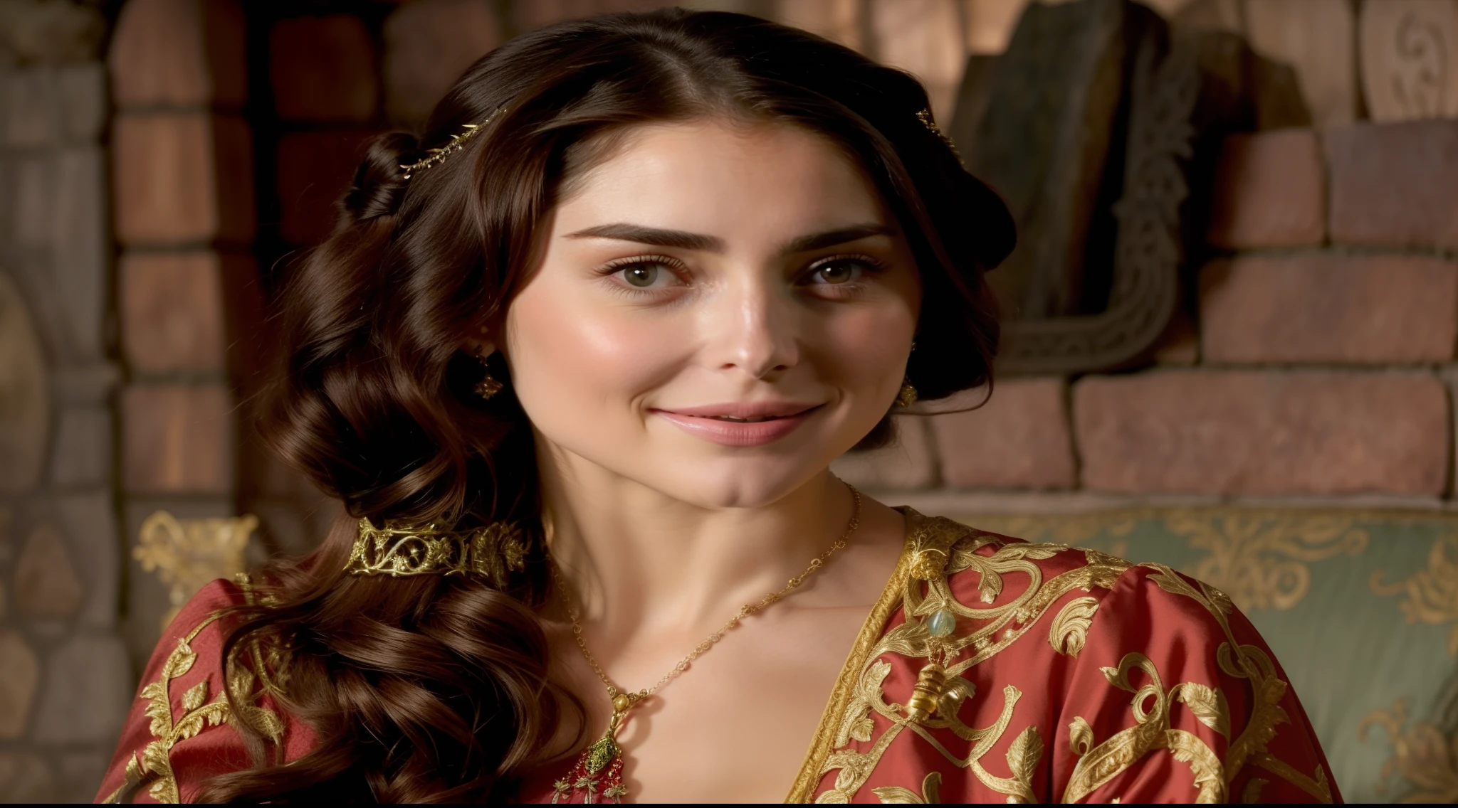 Arrogant woman with long hair and a necklace smiling at the camera, Olivia Culpo como Milady de Winter, como um personagem de fantasia medieval, Maya Ali como um D&d feiticeiro, Carice Van Houten, Mahira Khan como um D&assistente d, Maya Ali como D&d feiticeiro, scene where she is in rivendell, personagem da biblia dalila, dalila da biblia, maximo de detalhe, imagem realista, maximo de qualidade, rosto humano