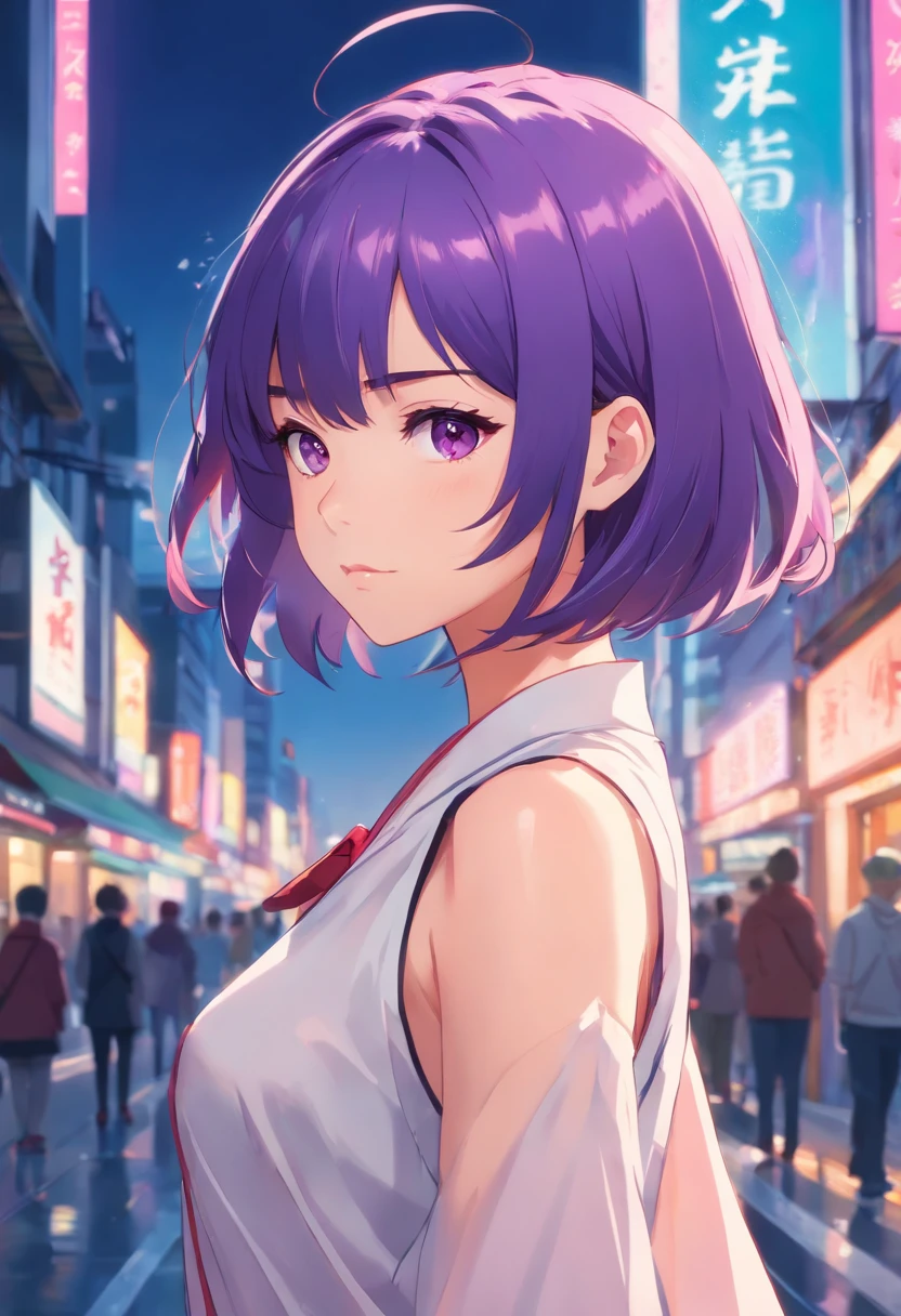 Full length portrait of a beautiful girl with purple hair bob cut wearing a costume with a deep slit::style Mosaic、colourfull、high-detail、Photorealsitic、highcontrast