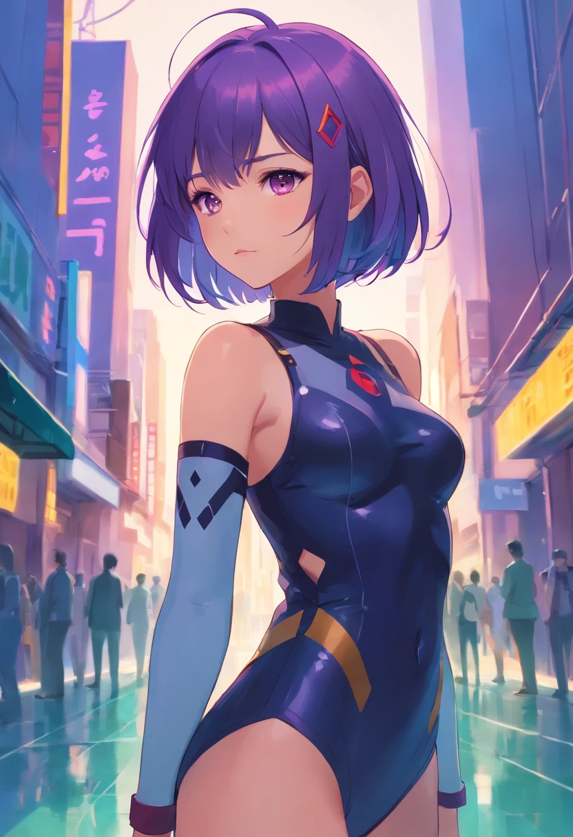 Full length portrait of a beautiful girl with purple hair bob cut wearing a costume with a deep slit::style Mosaic、colourfull、high-detail、Photorealsitic、highcontrast