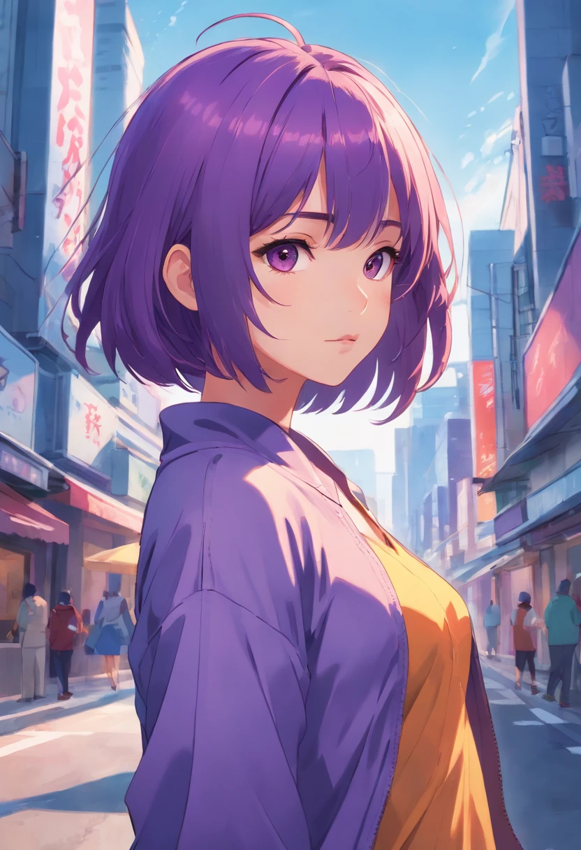 Full length portrait of a beautiful girl with purple hair bob cut wearing a costume with a deep slit::style Mosaic、colourfull、high-detail、Photorealsitic、highcontrast