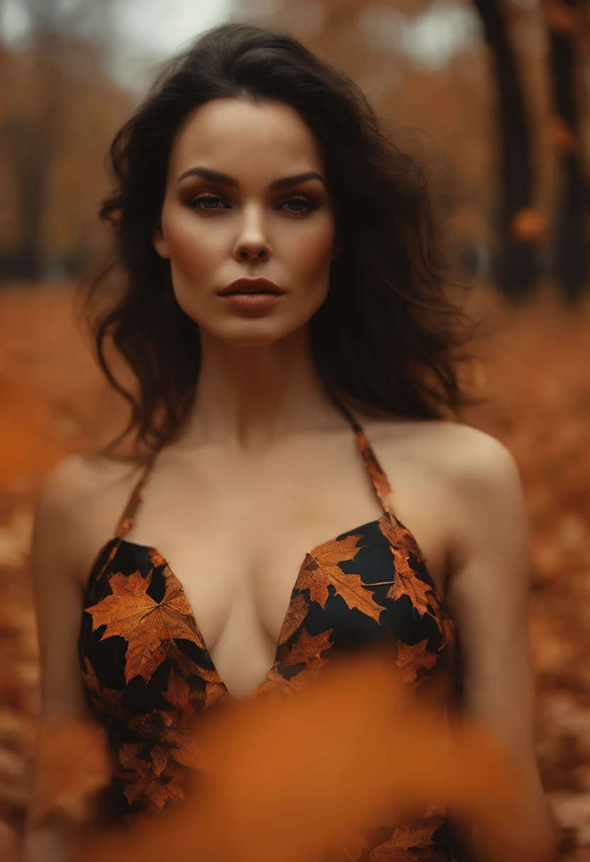 closeup cleavage, Three artistic beauties, In a park with orange leaves , author:Jeremy Mann, by Sandra Chevrier, author:Dave McKean、Richard Avedon and Maciej Kuciara。, fully naked , big breast, high detal, 8K