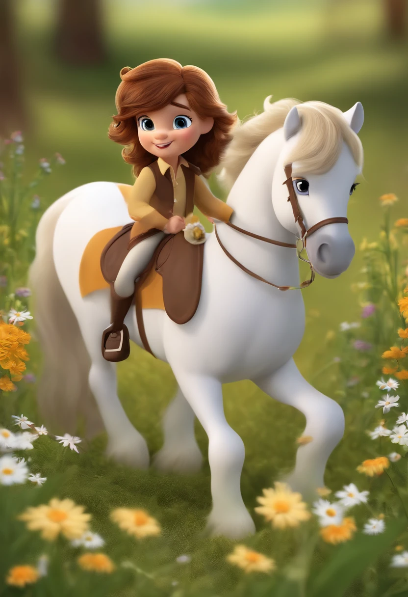 Pony,adolable,shaggy,Cartoony,In the meadow,There are flowers,Brown hair。