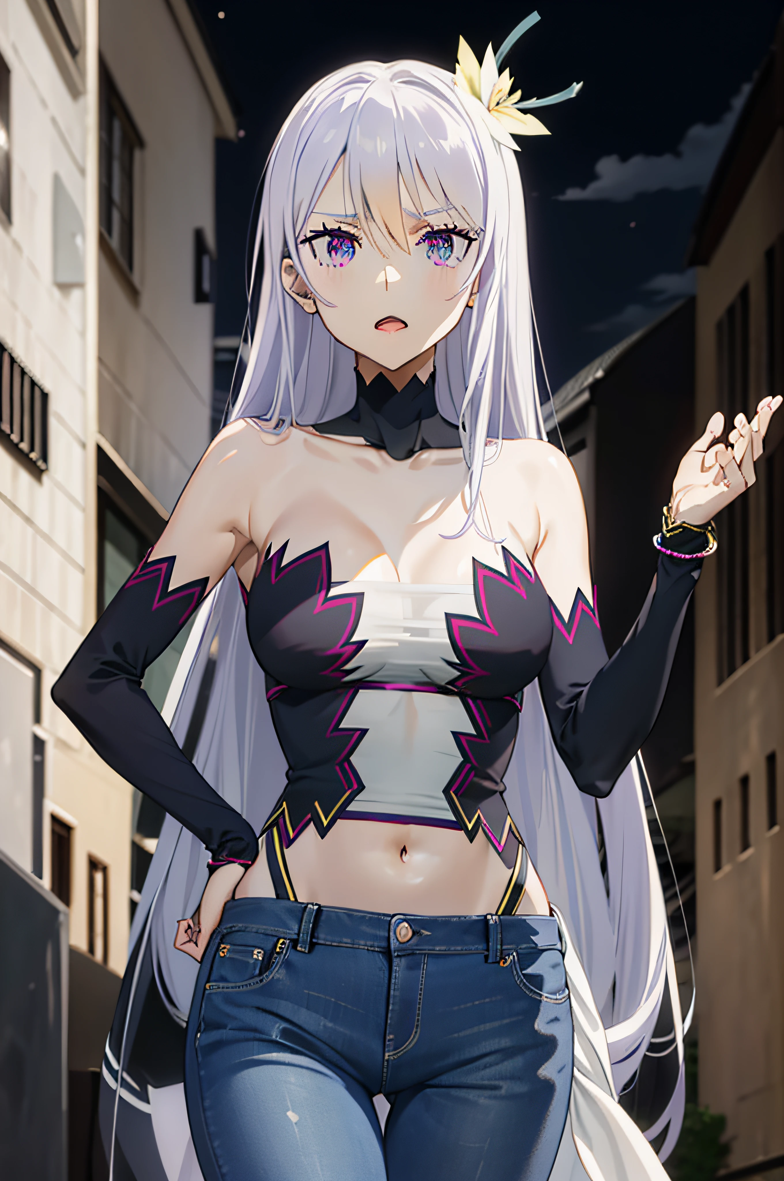 reona silver hair long hair large breasts purple eyes hair ornament jewerly hair between eyes,sweeter,jeans