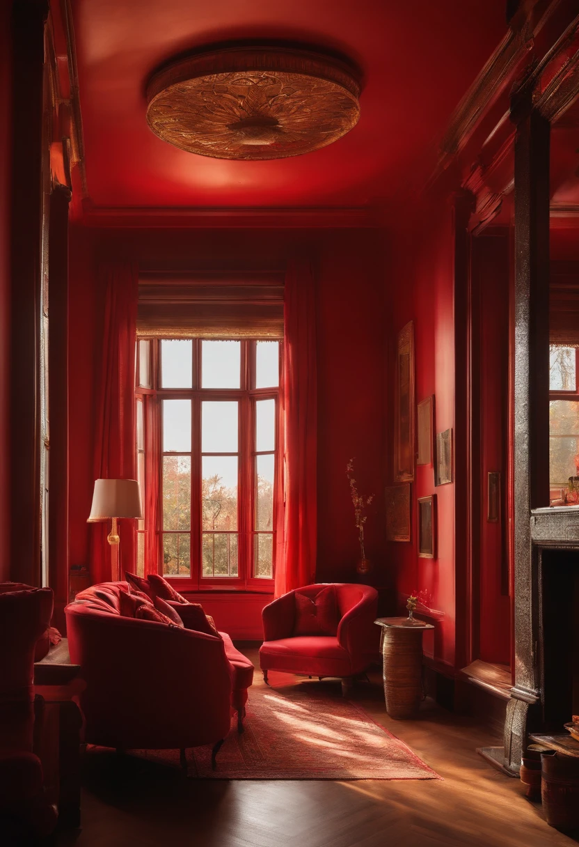 Evening room,cold shades,It contrasts with the red sunset outside the window