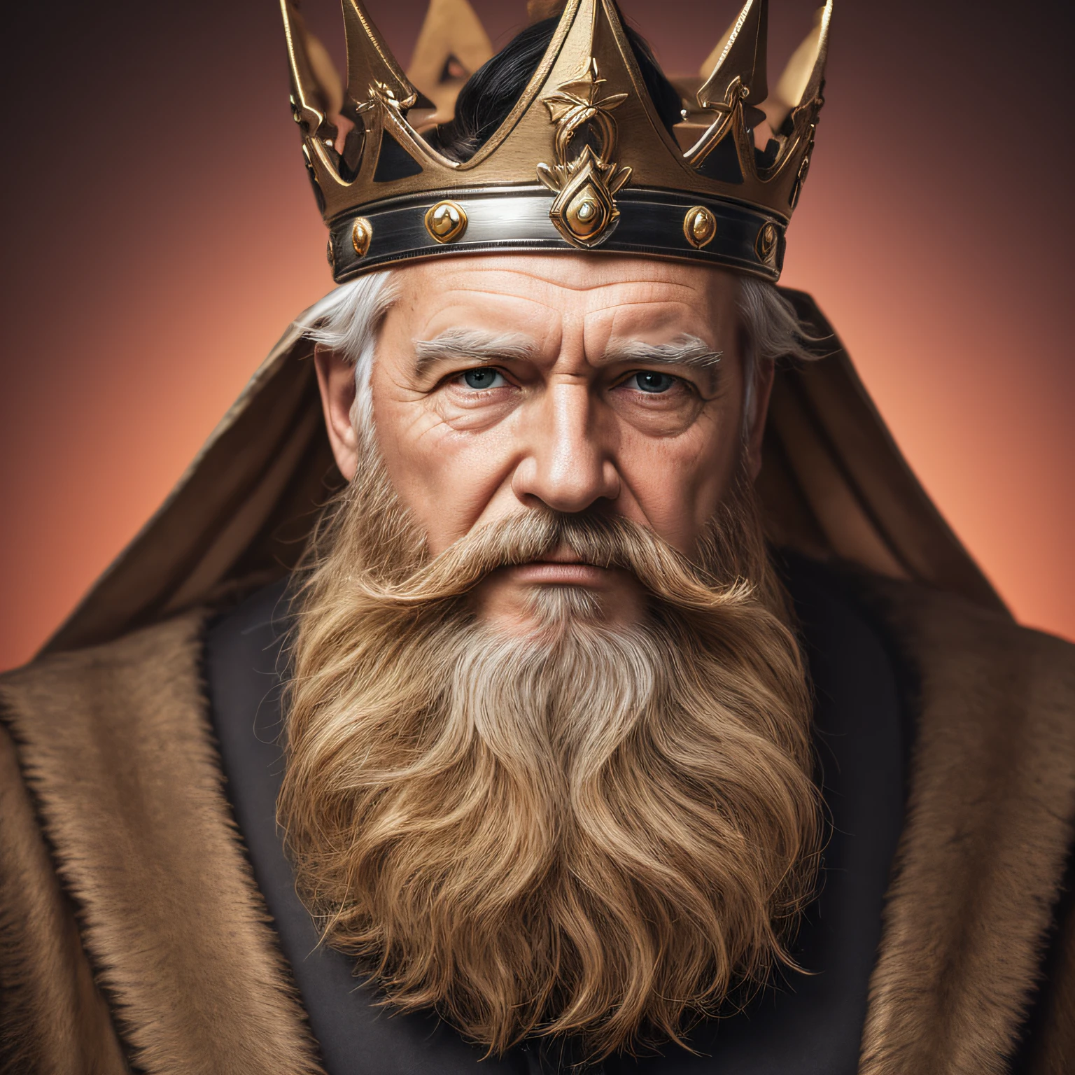 An old man wearing a crown on his head, with beard and black hair, high realistic image, high resolution,8k --auto --s2