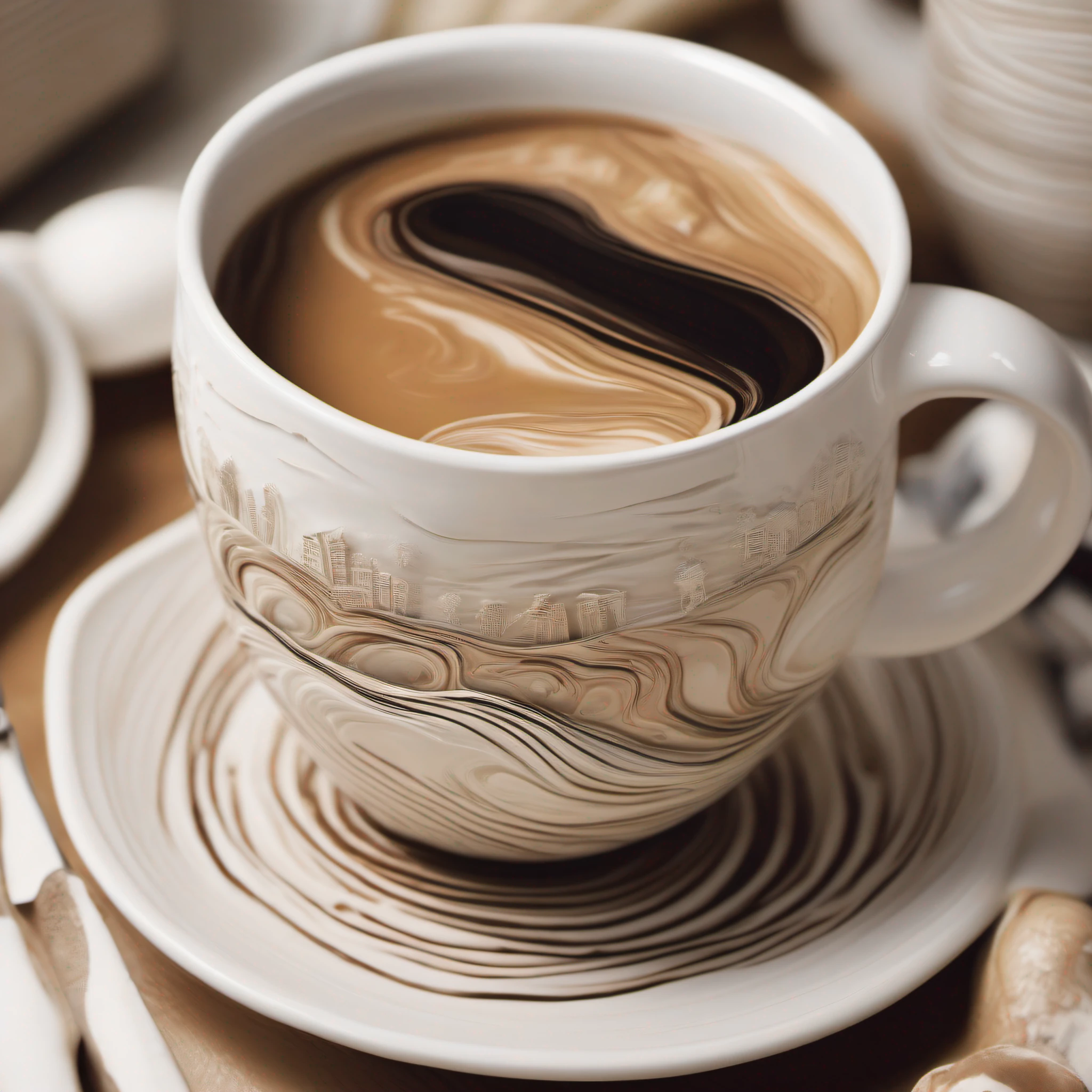 Capture a surreal universe crafted from layers of frothy milk and espresso residue swirled within a ceramic café mug. This diminutive parallel dimension takes the form of a whimsical town nestled among rolling hills and crystal clear streams, all painstakingly sculpted by the masterful strokes of a barista's spatula. As seen from directly overhead, each element blends seamlessly into one harmonious whole, inviting us to explore the enchanting beauty hidden within every sip of our daily dose of caffeine.