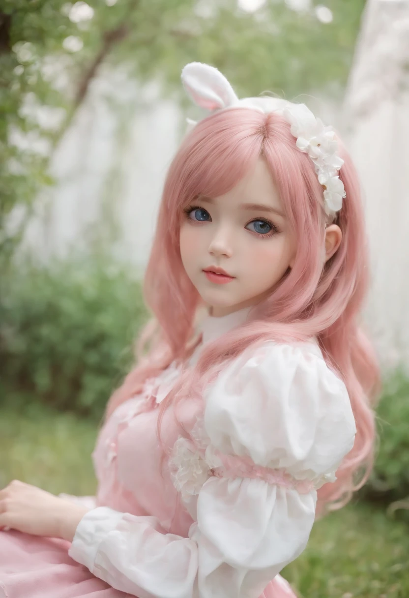 Close-up of a young girl sitting on the floor，Super realistic sweet bunny girl，very beautiful cute catgirl，cute kawaii girls，pink two-tailed hair and cyan eyes，belle delphine，Perfect robot girl family，Anime girl role play，lifting up skirt，Leakage of genitals dripping with milky white liquid，cute beautiful，beautiful lovely，Cute anime girls，anime barbie doll，small loli girl，Anime girl in real life