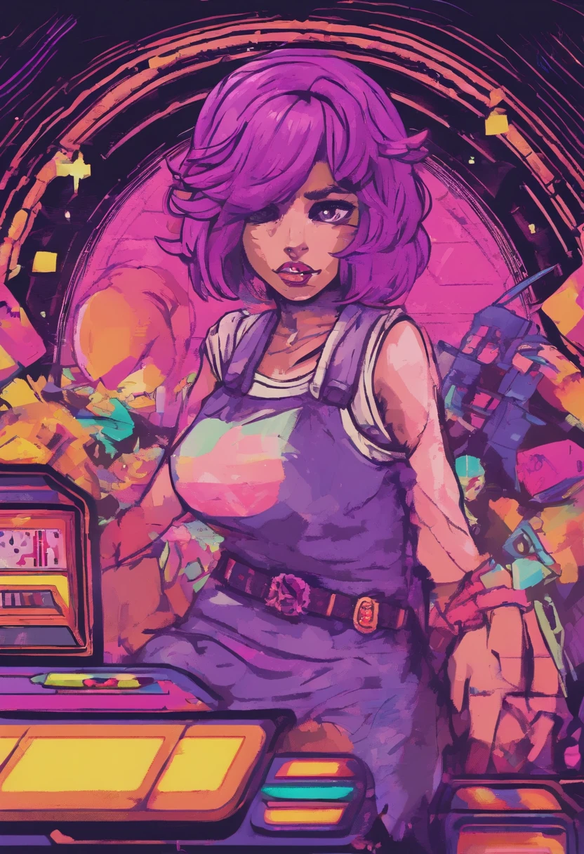 Full length portrait of a beautiful girl with purple hair bob cut wearing a costume with a deep slit::style Mosaic、colourfull、high-detail、Photorealsitic、highcontrast