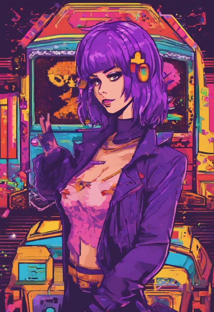 Full length portrait of a beautiful girl with purple hair bob cut wearing a costume with a deep slit::style Mosaic、colourfull、high-detail、Photorealsitic、highcontrast