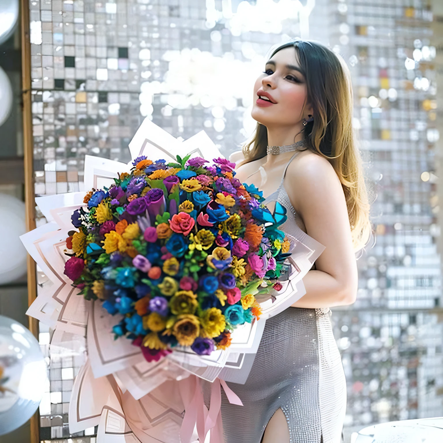 araffe woman in a dress holding a bouquet of flowers, colourful flowers bouquet, very wow, rainbow gradient bloom, with flowers, full of colors, full of colours, nebulous bouquets, bouquets, colorful and bright, by Julia Pishtar, beautiful and colorful, made of colorful dried flowers, how pretty, exploding roses, colorful