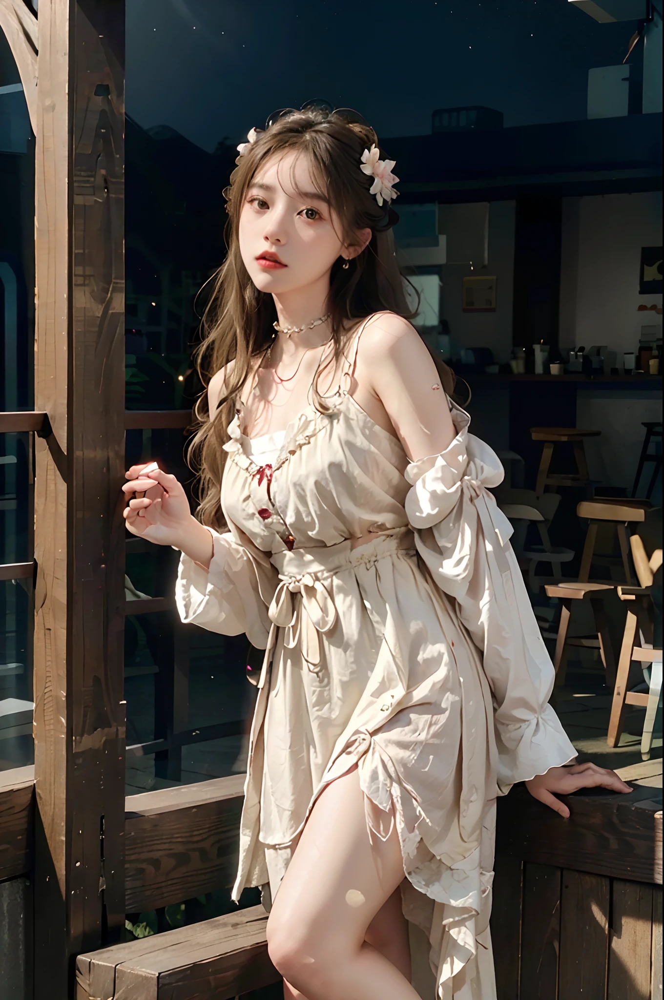 (Hyper-realistic) , (illustratio), (Increase the resolution), (8K), (RAW photos,best qualtiy),(realisticlying,photograph realistic:1.3),best qualtiy,highly detailed,tmasterpiece,Hyper-detailing,( the wallpaper), (详细的脸), 独奏,1girll,Moyou,Realistic, Universe, Lucy was wearing a full dress, hair flower, hair scrunchie, hair adornments, ribbon, Ribbon trim, Lace trim, necklace, jewelry, bangle, Stud earrings, choker necklace,Fantasyart,photographrealistic,动态照明,art stations,poster for,Volumetriclighting,Very detailed faces,4 k'',Award-Awarded, 2girl,in the darkness nigth,deep shading,low tune,Cowboy photos,(formal outfit:1.4),long white hair,white hair, long blonde hair, blonde hair