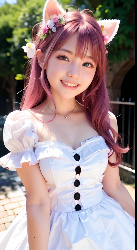 (ultra-detailliert), Frontal Face,head shot, Front view,Cute princess dress in white,(frilly dress),(shortsleeves),Blue eyes,The upper part of the body、cowboy shot、faces、(A smile:1.5),(facing front:1.2), 20yr old, teens girl,no tail,(no tail),2D, masterpiece, top-quality, animesque, A detailed eye, A detailed face, girl with, Only 1 person,Medium hair with pink hair, (Pink hair), small tits, straight haired、 Stand at the intersection、(No headband)、No ears