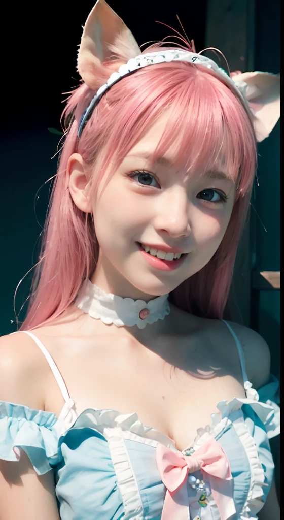 (ultra-detailliert), Frontal Face,head shot, Front view,Cute princess dress in white,(frilly dress),(shortsleeves),Blue eyes,The upper part of the body、cowboy shot、faces、(A smile:1.5),(facing front:1.2), 20yr old, teens girl,no tail,(no tail),2D, masterpiece, top-quality, animesque, A detailed eye, A detailed face, girl with, Only 1 person,Medium hair with pink hair, (Pink hair), small tits, straight haired、 Stand at the intersection、(No headband)、No ears