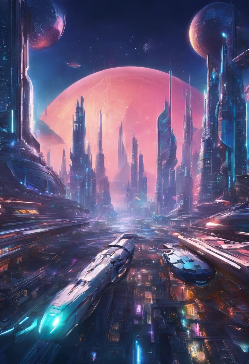 Futuristic city with futuristic train and futuristic buildings at night, Futuristic concept art, in other words、Futuristic city, in fantasy sci - fi city, Beautiful city of the future, futuristic utopian city, Concept Art 8K Resolution, Concept Art 8K Resolution, City of the Future, futuristic space port, concept art 8 k, Science Fiction Hollywood Concept Art top-quality masterpiece