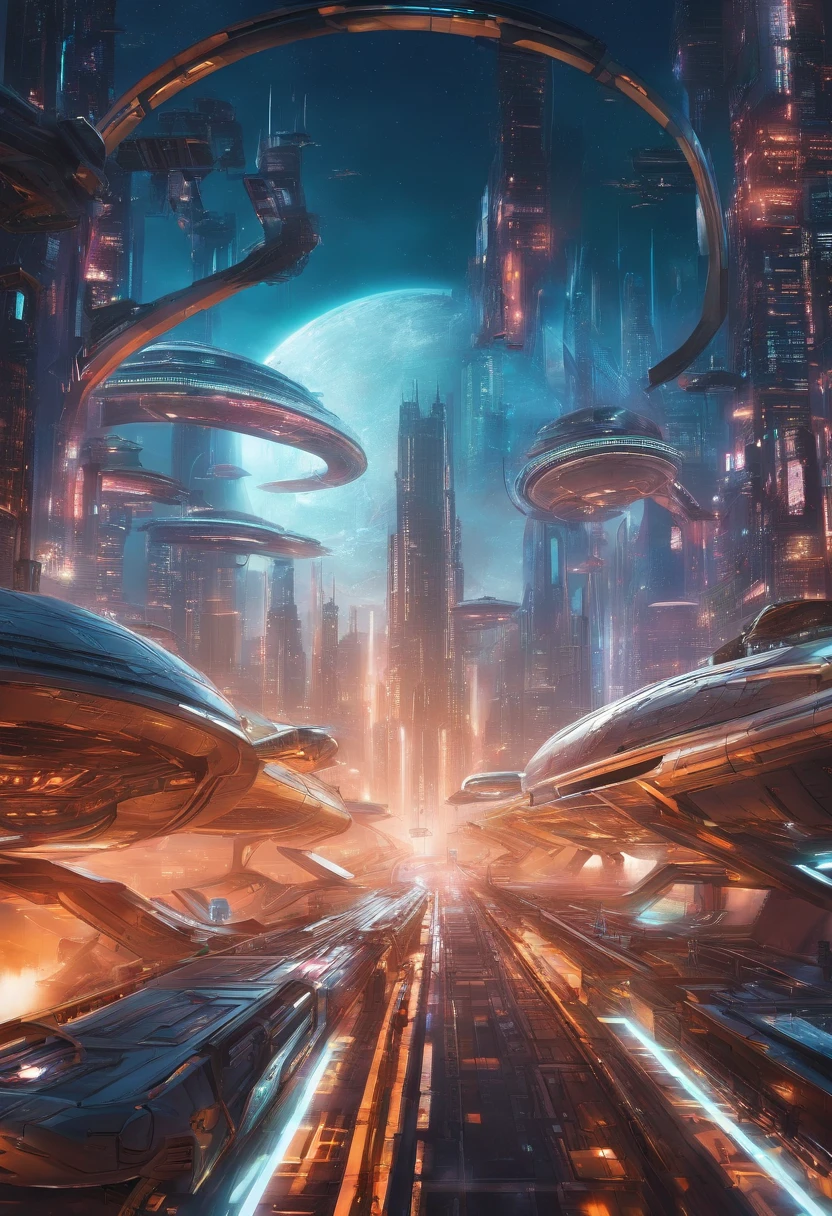Futuristic city with futuristic train and futuristic buildings at night, Futuristic concept art, in other words、Futuristic city, in fantasy sci - fi city, Beautiful city of the future, futuristic utopian city, Concept Art 8K Resolution, Concept Art 8K Resolution, City of the Future, futuristic space port, concept art 8 k, Science Fiction Hollywood Concept Art top-quality masterpiece