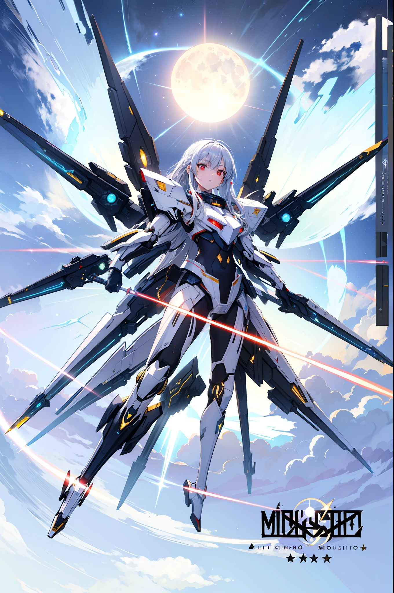 (masterpiece:1.5), (bestquality), highlydetailed, ultra-detailed, 1girl, bishoujo, stare, red eyes, beautiful detailed eyes, long hair, white hair, silver_hair, Wing-like bangs, Dull hair, Hair rings, braid, cold, beam saber, cloud, diffraction spikes, earth (planet), energy sword, full moon, galaxy, glint, glowing, lens flare, mecha, milky way, moon, night, night sky, planet, retro artstyle, science fiction, shooting star, sky, space, space craft, sparkle, sparkle background, star (sky), starry background, starry sky, sun