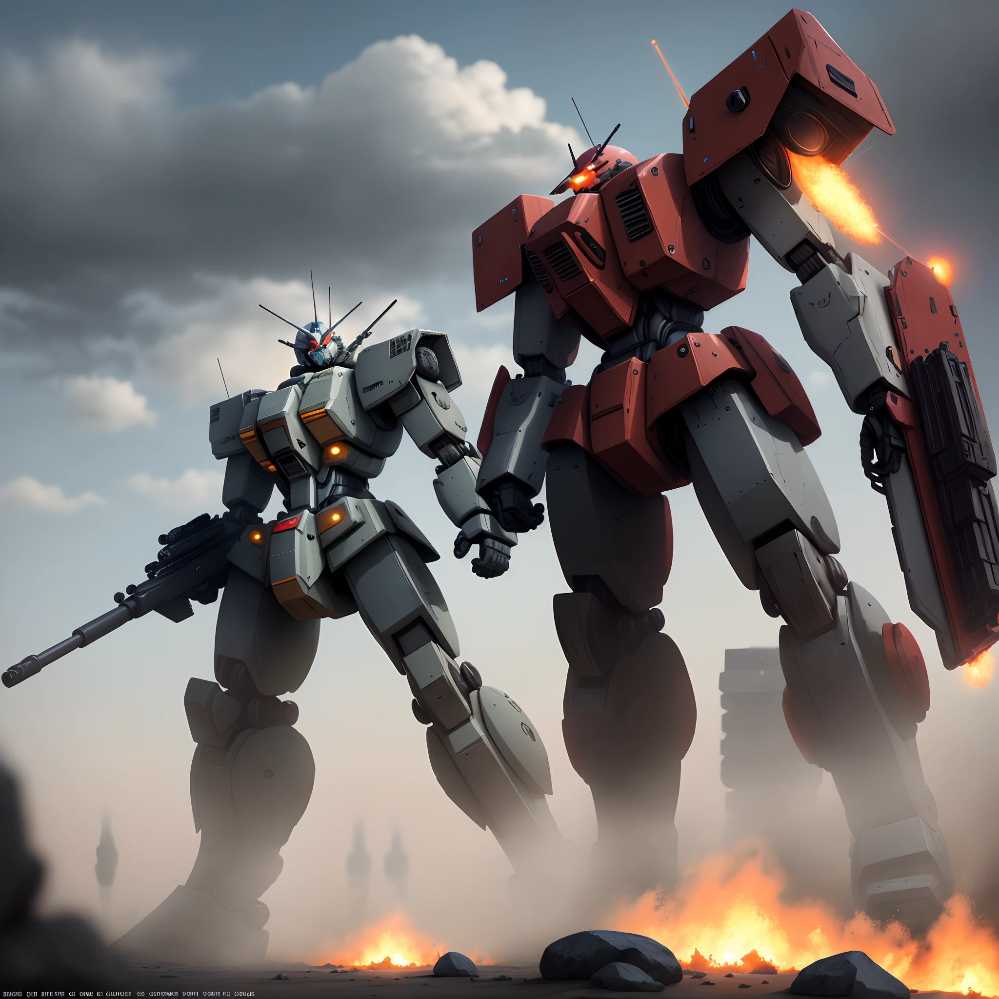 ((best qualityer)), ((Masterpiece)), (The is very detailed: 1.3), 8K，Cool painting，It's sci-fi，Red Gunsmith，Red tank armored division with huge shields，Red，Red mech，Reloaded up to the MK2，Red mech，The mask covers the face，Holding a shield in the air，Red super large mechanical shield，Heavy weapons，Heavy machine gun，sniper gun，cannon，Gatling guns were scattered on the ground，Carrying a weapon and a firearm，Pistol again at the waist，Sniper rifle in the back again，Super cool tank armor，God of weapons，Gundam humanoid mech，anime mecha aesthetic，Perfect body proportions，Heads-up view，stand posture，Military giant mech，missile，rock music，Future technology，hentail realism，There are dark clouds in the sky，Dark black war background，rim-light，Ray traching，Light particles，NVIDIA Trtx， Hyper-Resolution，Unreal 5，Sub-surface scattering，Specular and albedo maps，trichotomy，largeaperture，Fighting posture, 8K of raw data，High efficiency sub-pixel，Subpixel convolution，Light particles，Light scattering，Tyndall effect，Ray traching.