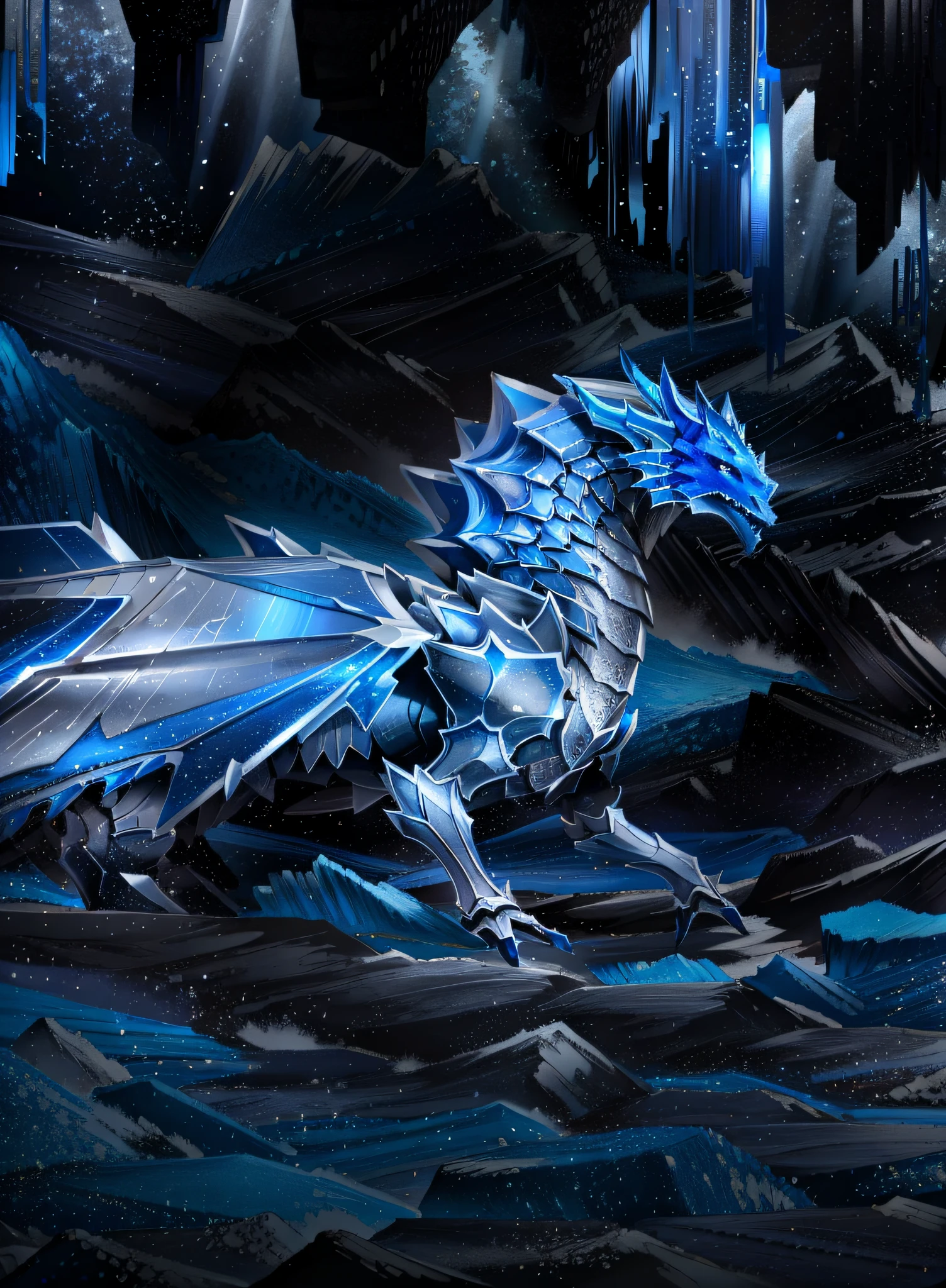 There is a large dragon standing in the middle of the cave, Frost Dragon, Crystal Dragon, sliver ice color reflected armor, blue scaly dragon, infused with zerg hydralisk, zerg hydralisk, crystalized scales, Dragon inspired blue armor, iridescence water elemental, storm dragon, scales skin dog, jormungandr