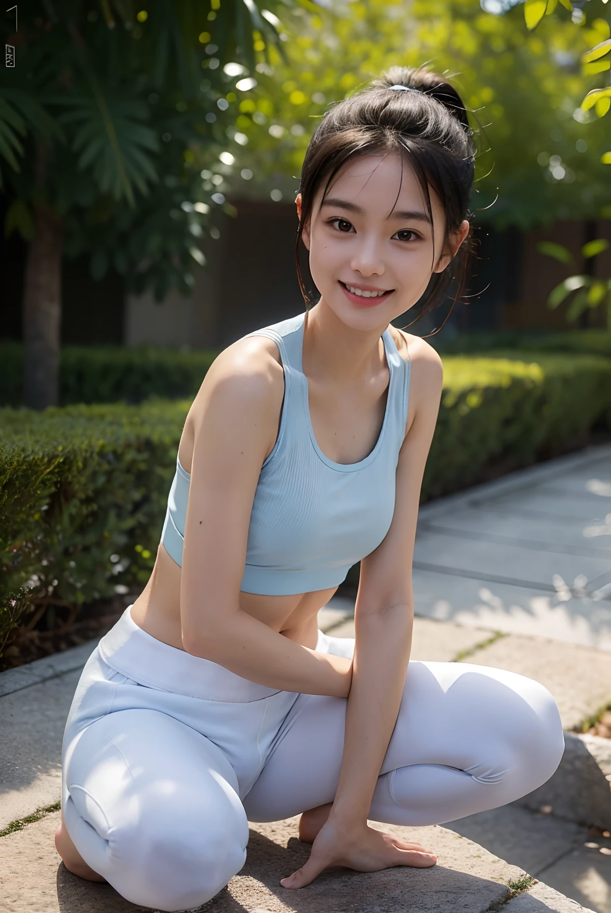 A girl, kneeling on the garden ground earth, ((full body visible)), 
She is a beautiful, pretty, adorable, cute, young, .
She is slim, slender, petite, skinny, (flat chest), (tiny boobs), (small breasts).
She is sweating, wet, soaked. Clothes transparent, sweat on skin, wet hair.
She is grinning, smiling. She looks natural, relaxed, unpretentious.
She stares, looking at viewer.
She has a black ponytail.
She wears school uniform, a rolled-up white shirt with blue collar, a colored Corduroy sport bra under shirt, blue shorts, wearing two layers. 
shirtlift, . (((She lifts up her shirt, showing off her sports bra underneath))).
Camera focused on her face, light on face, very large aperture, ((f/1.2)), shallow depth-of-field, strong background lens blur,  ISO 3000, auto white balance, 
Extremely detailed, professional lighting, soft light, raw photo, fashion model for uniqlo,
best quality, masterpiece, award-winning photography, huge filesize, 8k, highres,
shot on Sony DSLR. Happy smile, in bed