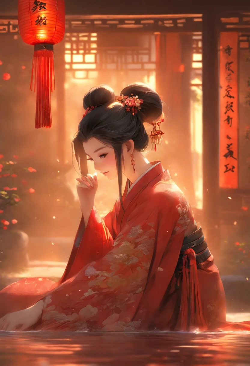 Hyper-realistic photoshoots,a beauti,Delicate facial features,Detailed black eyes,Fair and delicate skin,Authentic skin texture,She has long black hair,The body is curvy,Crotch width,Dance in a long red hanfu,dynamicposes,The barefoot,Dingdall effect,Volumetriclighting,inside in room,palaces,Chinese ancient style,ancient buildings of China,luz de velas,the night,Master masterpieces,hyper HD,32K,超高分辨率,
