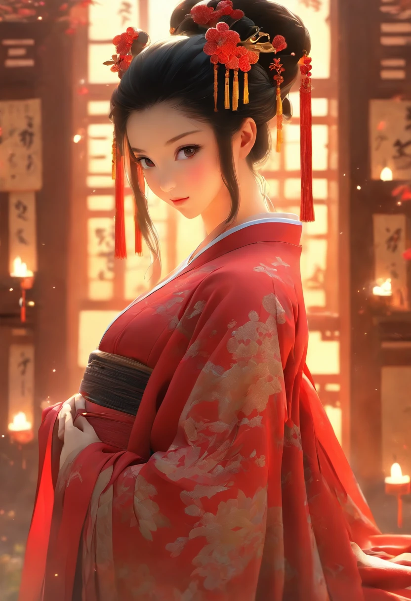 Hyper-realistic photoshoots,a beauti,Delicate facial features,Detailed black eyes,Fair and delicate skin,Authentic skin texture,She has long black hair,The body is curvy,Crotch width,Dance in a long red hanfu,dynamicposes,The barefoot,Dingdall effect,Volumetriclighting,inside in room,palaces,Chinese ancient style,ancient buildings of China,luz de velas,the night,Master masterpieces,hyper HD,32K,超高分辨率,
