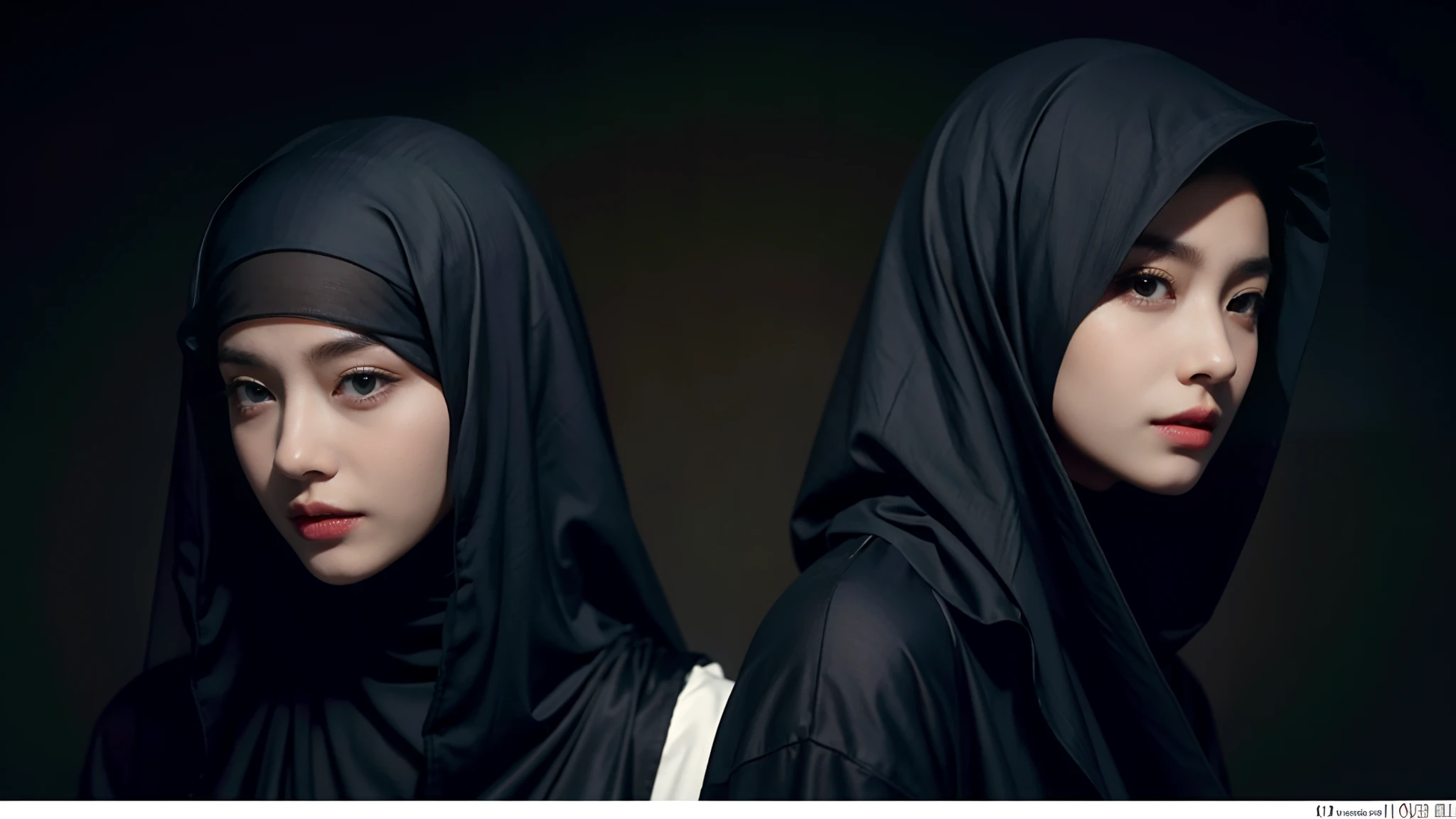 （Tomboyish,Small head)， (perfect bodies: 1.1),(short-length straighthair: 1.2), Black hair,（极其细致的CG 8k壁纸），（Extremely refined and beautiful），（tmasterpiece），（best qualtiy：1.0），（超高分辨率：1.0），Upper body，The two took a group photo，[A high resolution]，Smooth and flawless fair skin，ultra - detailed ，Two beautiful girls，Embrace each other，Elongated legs，Big chest，（Rounded figure：1.5），Wearing an Arabic turban and veil，Face covered by black veil，Gorgeous Abaya，In front of a large mosque，Kneel upright，from the front side，Close-up， In meditation，Kindly