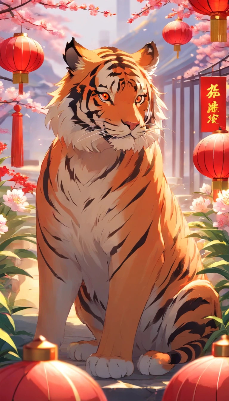 New Year Tiger, Lunar New Year, spring flowers, Red lanterns, fundo vermelho, Extremely high quality, Full-HD, Close-up, 2023, ..。.3D