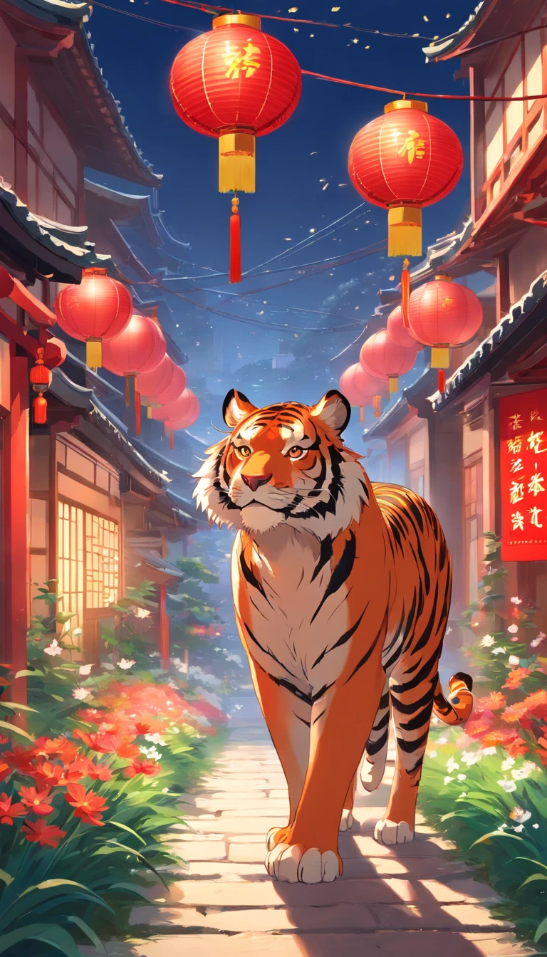 New Year Tiger, Lunar New Year, spring flowers, Red lanterns, fundo vermelho, Extremely high quality, Full-HD, Close-up, 2023, ..。.3D