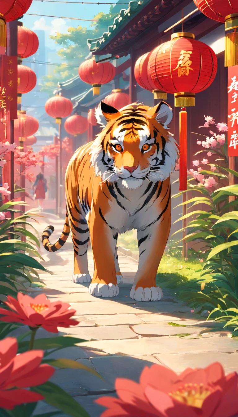 New Year Tiger, Lunar New Year, spring flowers, Red lanterns, fundo vermelho, Extremely high quality, Full-HD, Close-up, 2023, ..。.3D