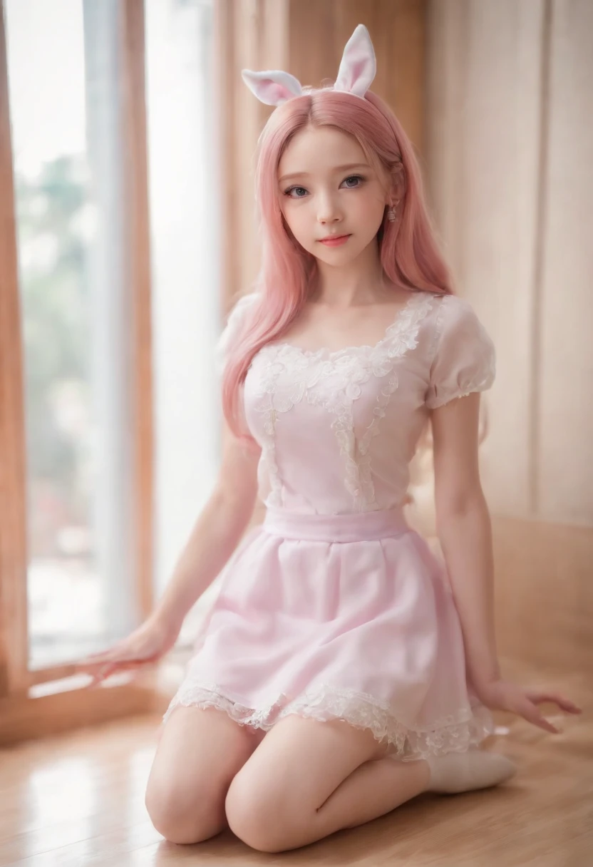 Close-up of a young girl sitting on the floor，Super realistic sweet bunny girl，very beautiful cute catgirl，cute kawaii girls，pink two-tailed hair and cyan eyes，belle delphine，Perfect robot girl family，Anime girl role play，lifting up skirt，The legs are wide and wide open，facing to audience，Genital leakage dripping with milky liquid，cute beautiful，beautiful lovely，Cute anime girls，anime barbie doll，small loli girl，Anime girl in real life