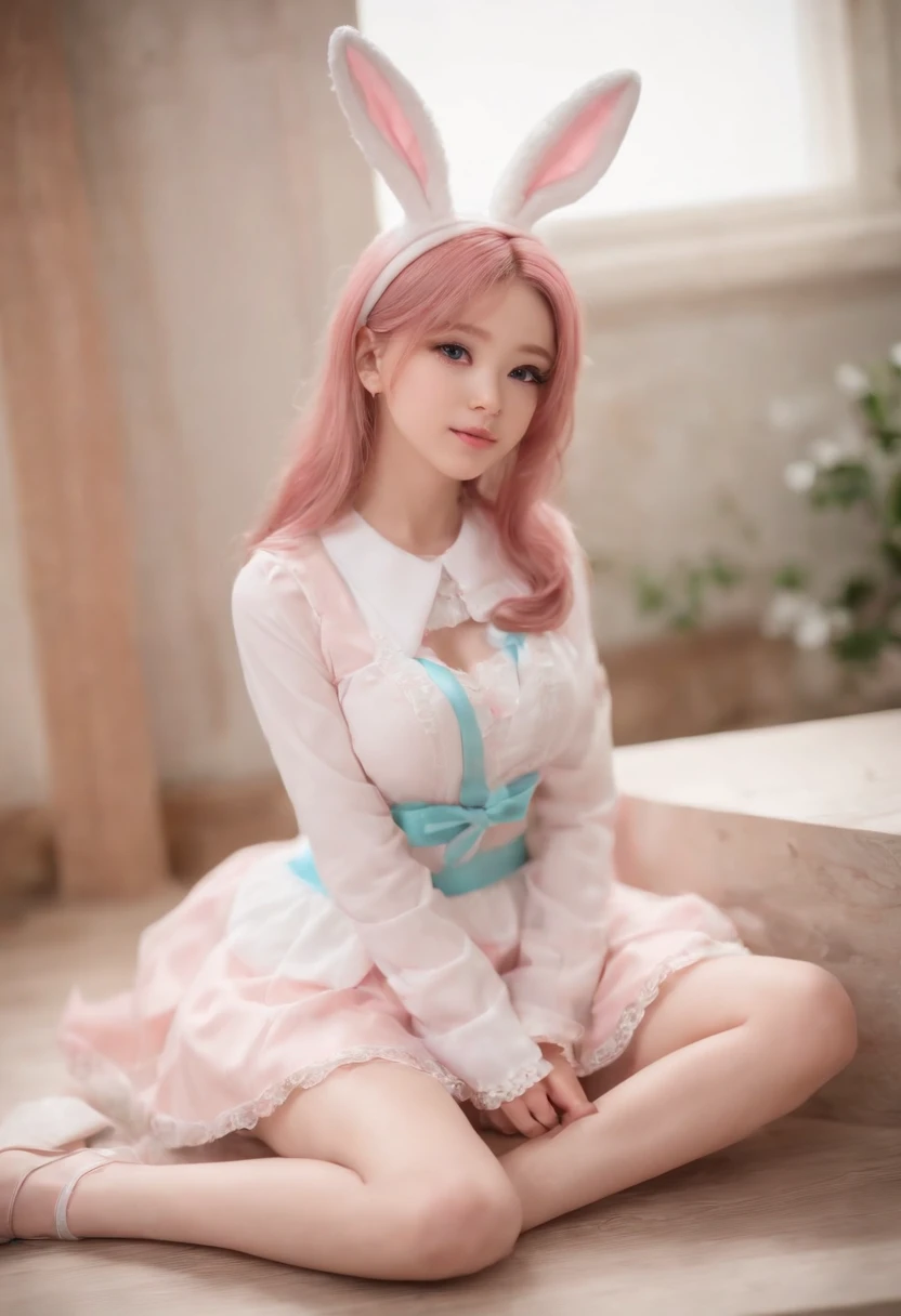 Close-up of a young girl sitting on the floor,Super realistic sweet bunny girl,very beautiful cute catgirl,cute kawaii girls,pink two-tailed hair and cyan eyes,belle delphine,Perfect robot girl family,Anime girl role play,lifting up skirt,The legs are wide and wide open,facing to audience,Genital leakage dripping with milky liquid,cute beautiful,beautiful lovely,Cute anime girls,anime barbie doll,small girl,Anime girl in real life