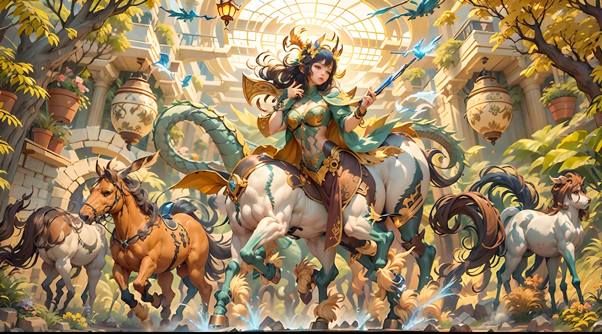 In the beautiful illustration of this super-grand scene,The ultra-long-range lens is shown(Over eight unique centaur characters:9.9),They all have their own characteristics,Vivid and interesting。Radiant angelic centaurs from the heavenly realm,To the hellish centaurs surrounded by nightmarish flames,And then to the Wind Fairy Centaur dancing in the air,There are also one-horned centaurs surrounded by thunder and lightning,and mechanical centaurs that shine with metallic light,And then to the powerful dragon centaur with colored dragon scales covering the whole body,The elegant and agile elf centaur always wears a flower crown with its slender graceful lines,Enchanting and charming Tiflin centaurs。Each character has their own unique charms and abilities。The illustration uses advanced artistic techniques and tools,(Divide the scene into sections by geometric arrangement:9.9),Each section corresponds to a centaur character,This makes more efficient use of space。Through Midjourney's advanced brush tools、Color palette、Material packs and model packs,For each centaur, beautiful props are designed to increase racial characteristics、Clothing and physical features,Enhances the character's personality and visual appeal。The scenery in the illustrations is stunning,There are changing skies、rainbowing、extreme light、Stars and Moon。Incorporating iconic landmarks such as Mount Everest,and fireworks、tranquil lake、Natural and urban elements of waves and neon lights,Creates a magical atmosphere。The centaurs display their unique abilities and equipment in a variety of environments,This is true even in extreme alien landscapes。(Use Midjourney's tools、Material packs、Texture tools、The color palette makes depicting details vivid and realistic:9.9),From complex hairstyles and as well as different racial traits、Body、Appearance features、Clothing to real textures,This greatly enhances the realism of the characters and surroundings。The fusion of multiple art styles adds movement to the centaur's