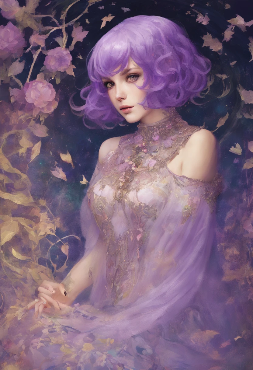 Full length portrait of a beautiful girl with purple hair bob cut wearing a costume with a deep slit::style Mosaic、colourfull、high-detail、Photorealsitic、highcontrast