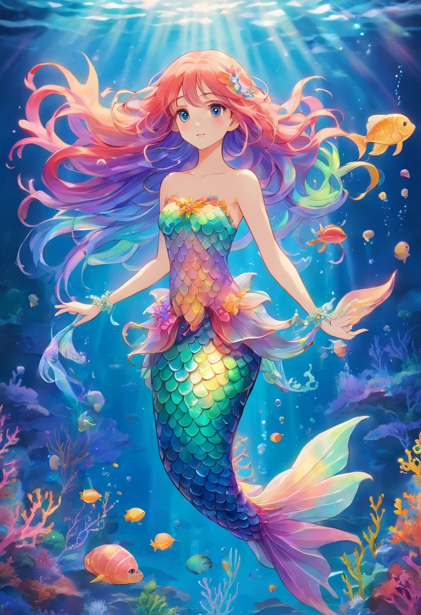 rainbow mermaid,fantasy creature (mermaid:1.1),underwater scenery,ocean depths,beautiful detailed eyes,beautiful detailed lips,sparkling scales,flowing colorful hair,finely detailed fish tail,magical underwater lighting,calm and serene atmosphere,peaceful underwater kingdom,dreamlike setting,floating seaweed and coral,fascinating marine life,vibrant and bright colors,natural sunlight filtering through the water,iridescent jellyfish dancing around,playful and gentle sea creatures,ethereal and enchanting presence,mythical and mysterious aura.