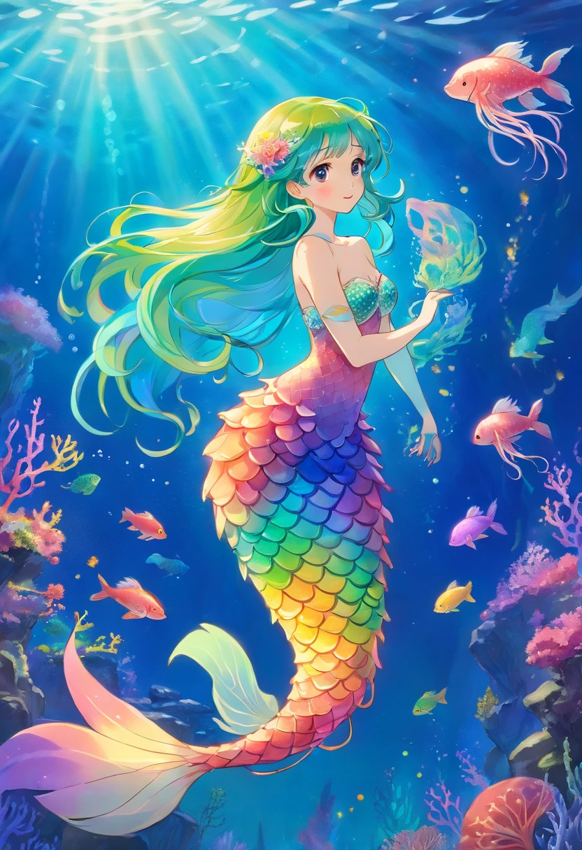 rainbow mermaid,fantasy creature (mermaid:1.1),underwater scenery,ocean depths,beautiful detailed eyes,beautiful detailed lips,sparkling scales,flowing colorful hair,finely detailed fish tail,magical underwater lighting,calm and serene atmosphere,peaceful underwater kingdom,dreamlike setting,floating seaweed and coral,fascinating marine life,vibrant and bright colors,natural sunlight filtering through the water,iridescent jellyfish dancing around,playful and gentle sea creatures,ethereal and enchanting presence,mythical and mysterious aura.