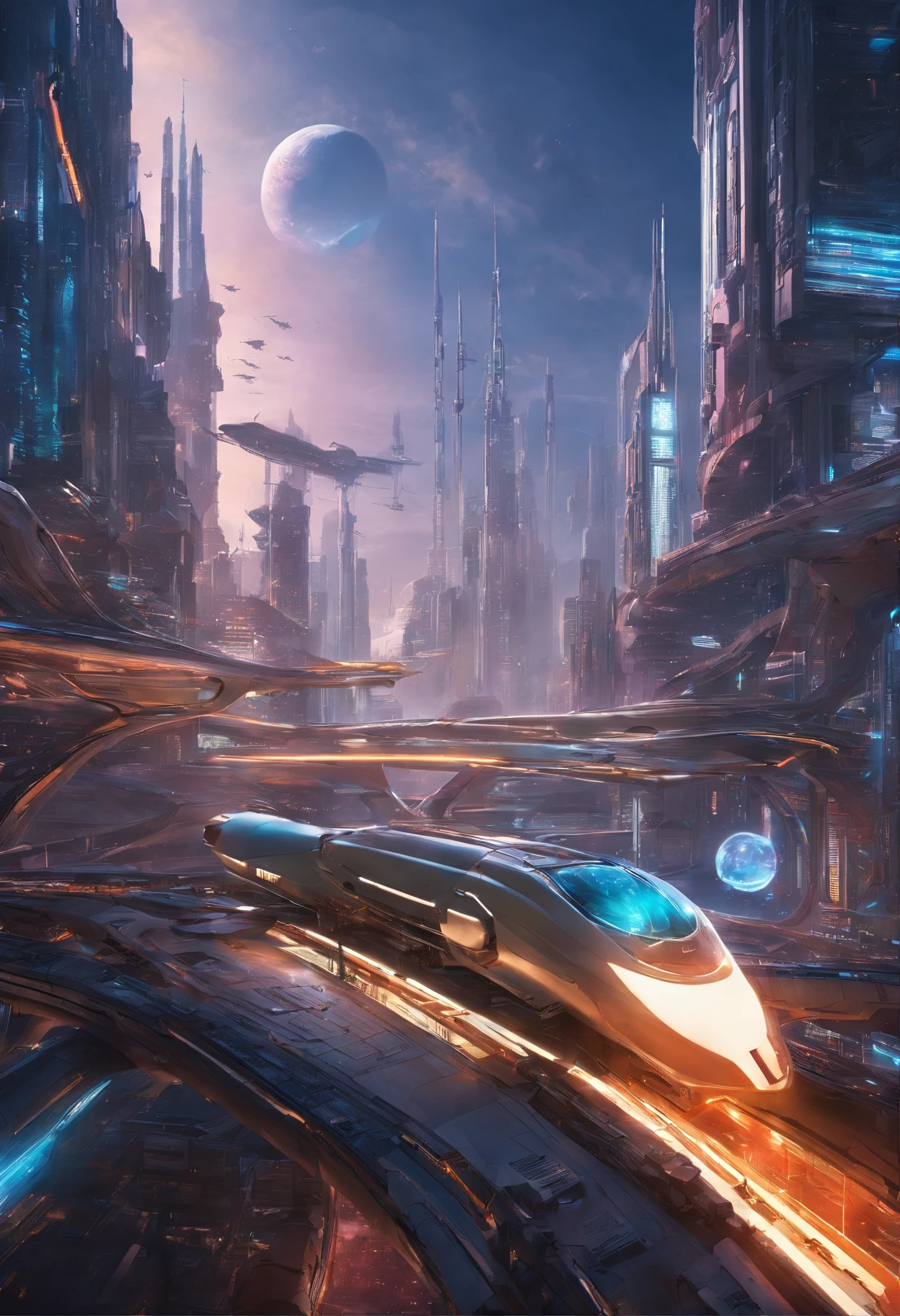 Futuristic city with futuristic train and futuristic buildings at night, Futuristic concept art, in other words、Futuristic city, in fantasy sci - fi city, Beautiful city of the future, futuristic utopian city, Concept Art 8K Resolution, Concept Art 8K Resolution, City of the Future, futuristic space port, concept art 8 k, Science Fiction Hollywood Concept Art　top-quality　​masterpiece