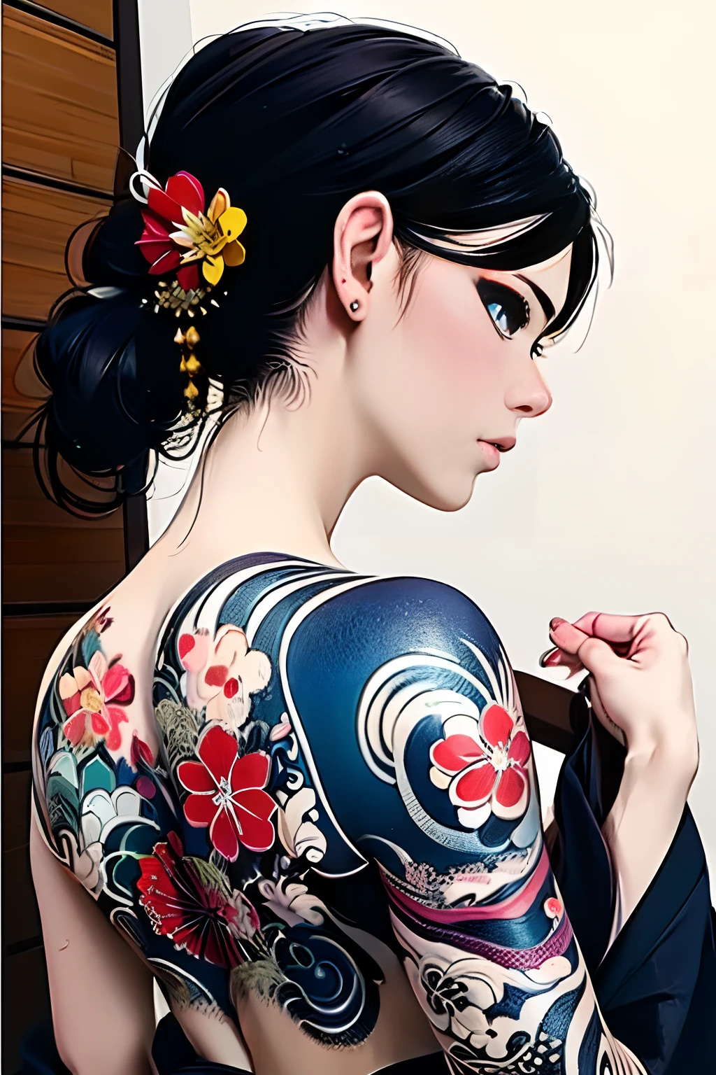 A woman with tattoos on her arms and forearms is posing, Exquisite digital illustrations, beautiful Amazing digital art, Beautiful and attractive anime woman, Beautiful artwork illustration, アニメ女性のFull Body Art, Anime characters; Full Body Art, Beautiful Anime Woman, Beautiful digital art, Amazing digital art, flowers in her dark hair, Tattoo styles, Beautiful drawing style, Beautiful anime style