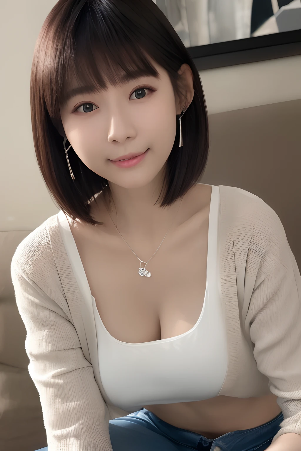 ((top-quality、8k、masuter piece:1.3))、1 female、Beautiful girl emphasized slender swimsuit:1.3、(Hairstyle short、爆乳:1.2)、Plain clothe:1.2、inside the house、hyperdetailed face、A detailed eye、Double eyelids、(8k、RAW Photography、top-quality、​masterpiece:1.2)、(realisitic、Photorealsitic:1.37)、ultra-detailliert、
1 girl in、cute little、独奏、Beautiful detailed sky、Detailed Cafe、20yr old。sitting on、date、(blush of the nose)、(a smile:1.1)、(teeth showing)、large full breasts、seducting smile、large aparture、profetional lighting、Sony A7R4、Zessie 50mm f1.8、
medium breasts⁩、Beautiful Detail Eye、(shirt with collar:1.1)、pleatedskirt、(short-hair:1.2)、Floating Hair、a smile、beach、
