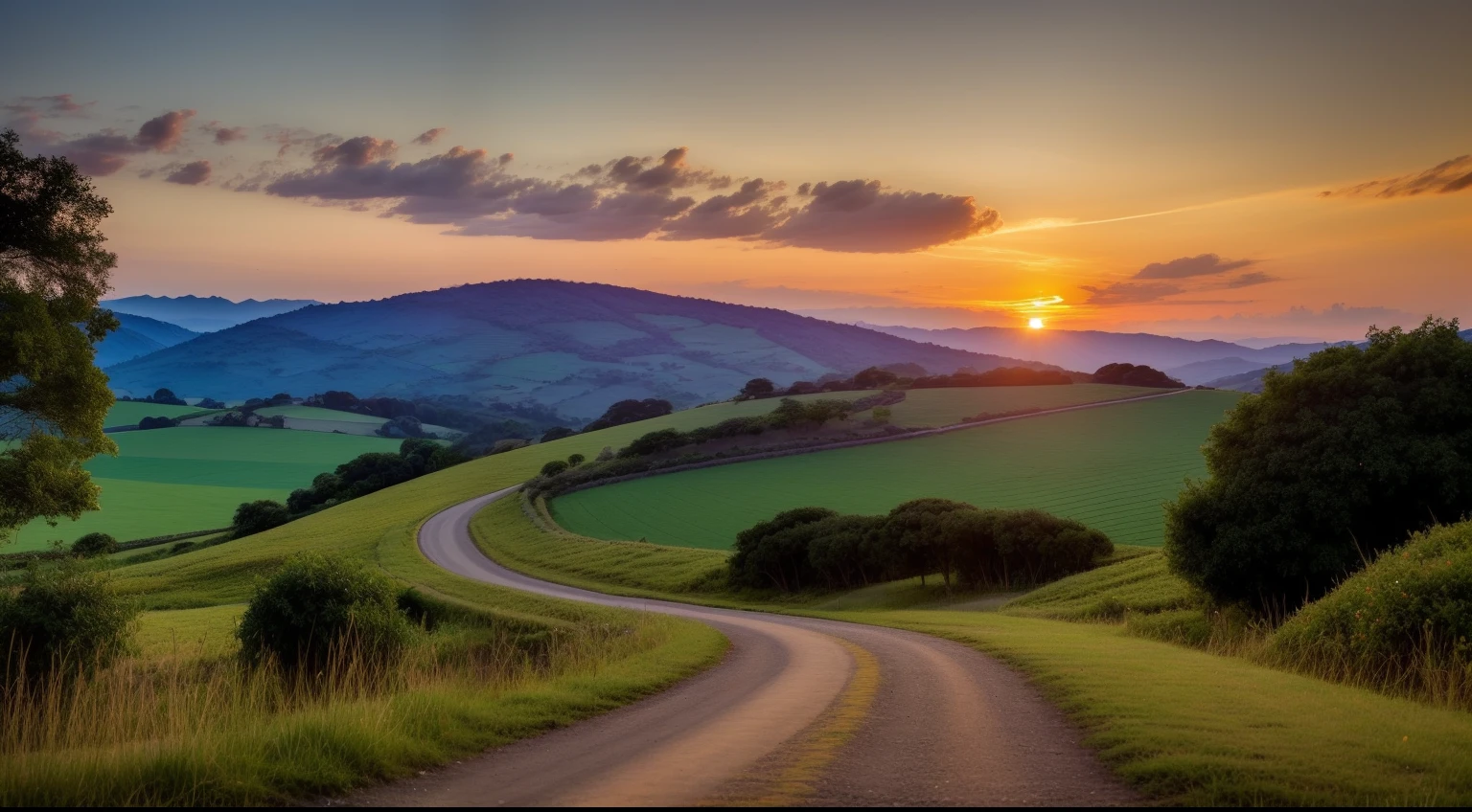 An image of a spectacular sunset over a winding path in the countryside. Isso simboliza a jornada da vida com seus desafios e incertezas, but also the beauty that can be found in trusting in the Lord.