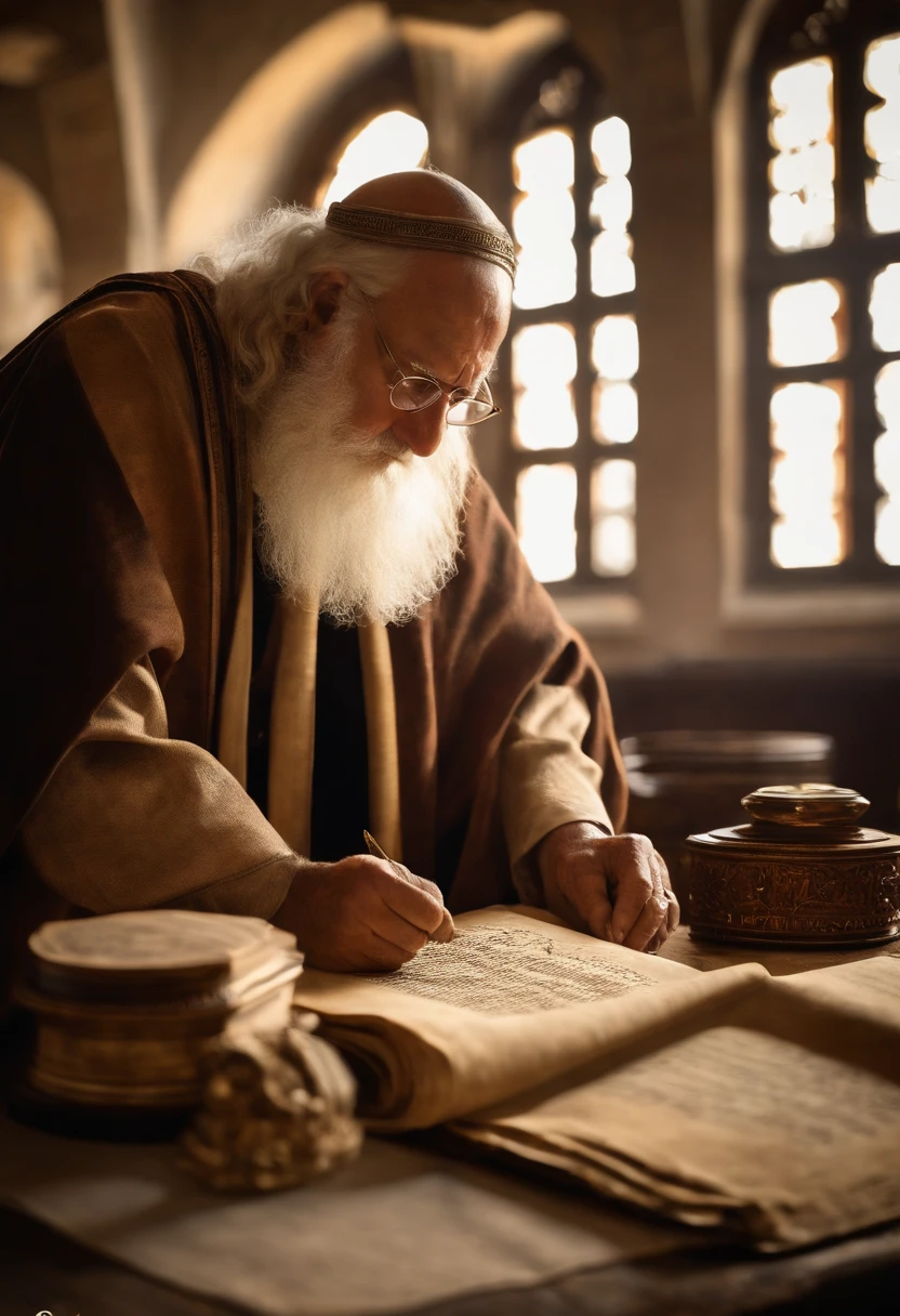 Imagem antiga, roupa judaica, homens judeus, WISE, old elders writing on rolls in an old library (biblioteca de Alexandria) e realismo extremo ((Image depicting the elders writing the Septuagint on scrolls the Hebrew Bible)) obra-prima, melhor qualidade, highres, rabbinical accessories