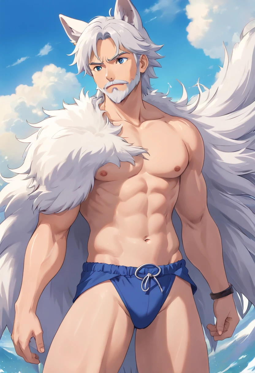 (best quality,ultra-detailed,realistic:1.37),muscular shirtless male with wolf ears and a wolf tail, beautiful detailed eyes, beautiful detailed lips, long eyelashes, white flowing hair, light beard,not wearing shoes, happy, [no shirt], [barefoot], wolf,detailed fur, blue background, studio lighting, photorealistic, vivid colors