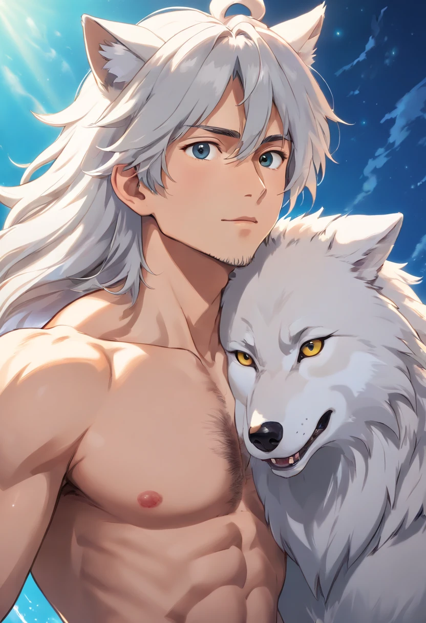 (best quality,ultra-detailed,realistic:1.37),muscular shirtless male with wolf ears and a wolf tail, beautiful detailed eyes, beautiful detailed lips, long eyelashes, white flowing hair, light beard,not wearing shoes, happy, [no shirt], [barefoot], wolf,detailed fur, blue background, studio lighting, photorealistic, vivid colors