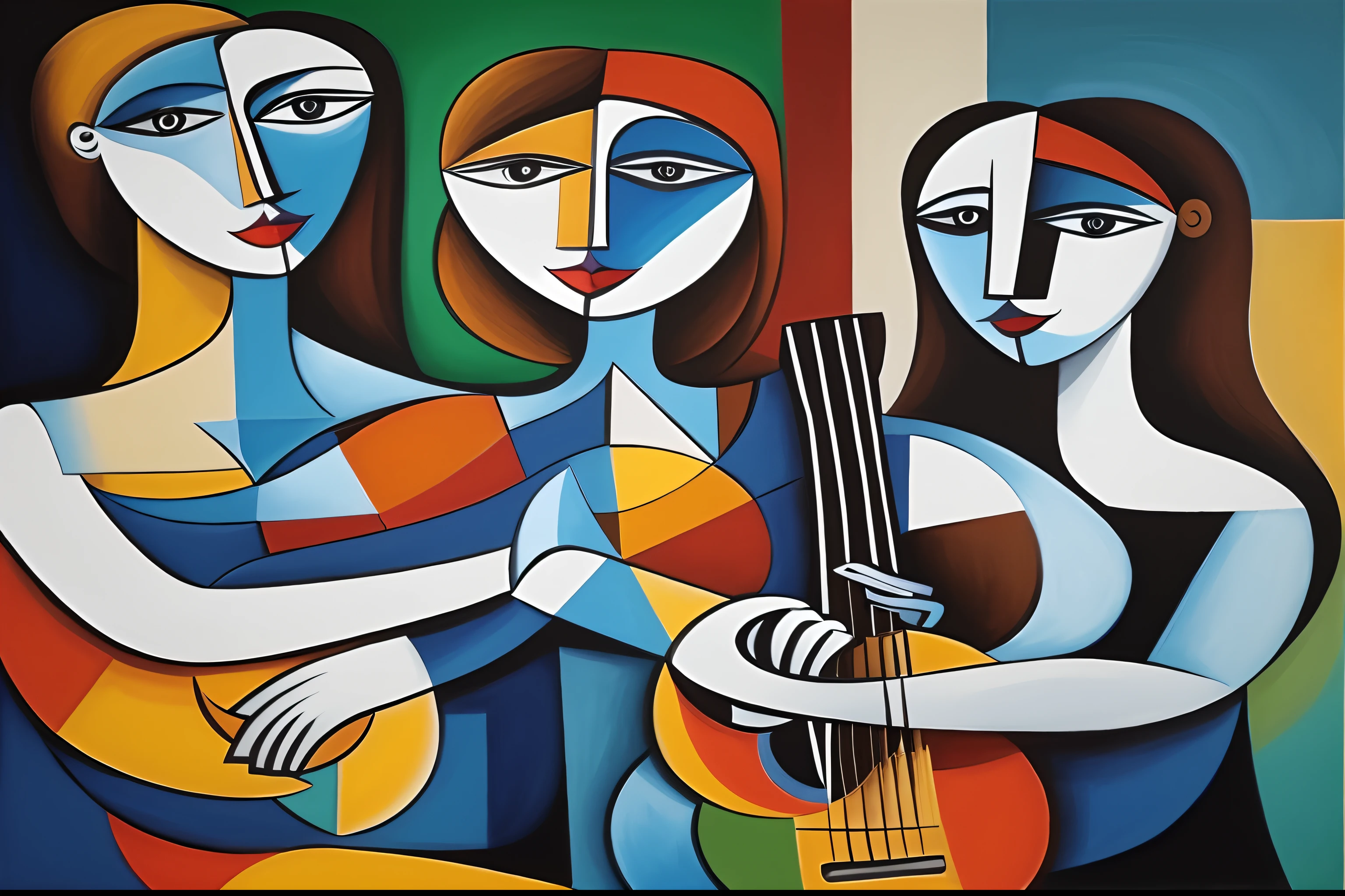 Painting of three women with a guitar, mulheres tocando guitarra, Triad of Muses, estilo picasso, Three women, cubistas adoram, estilo cubismo, cubismo moderno, musicians, Picasso cubista, synthetic cubism, pintura cubista, Obra-prima de Picasso, O guitarrista, inspirado em Picasso, inspirado em Pablo Picasso, estilo de picasso