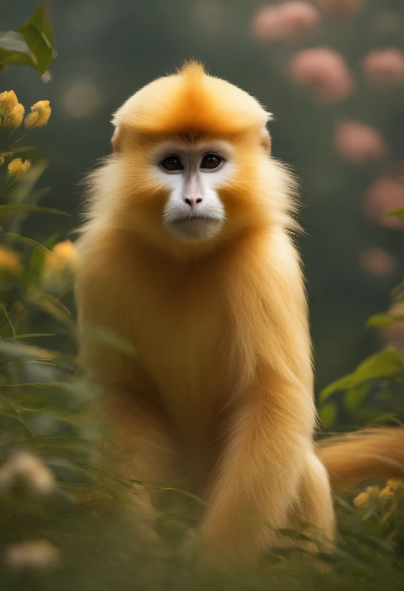 Golden snub-nosed monkey,adolable,shaggy,Cartoony,In the meadow,There are flowers,Blonde hair