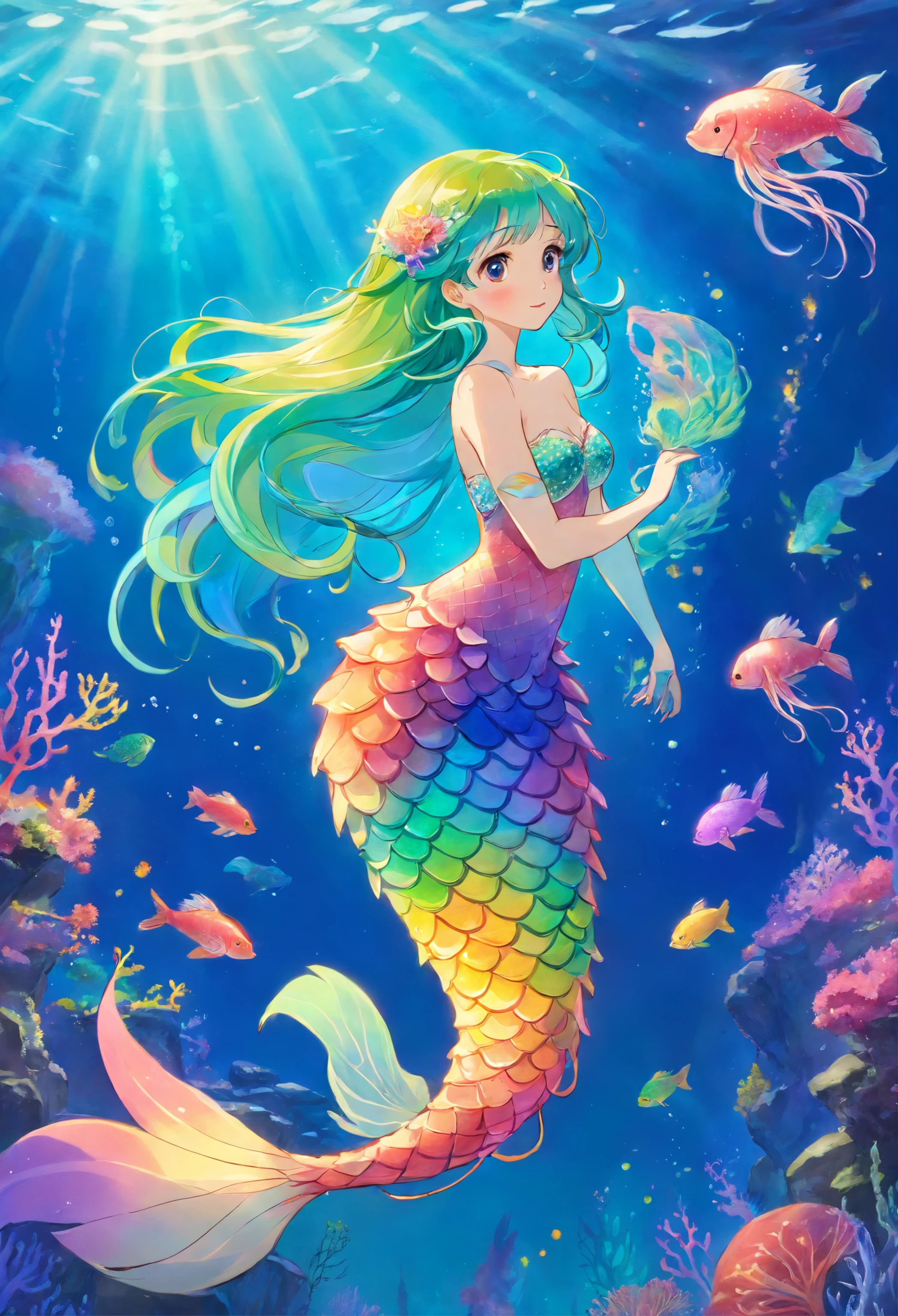 rainbow mermaid,fantasy creature (mermaid:1.1),underwater scenery,ocean depths,beautiful detailed eyes,beautiful detailed lips,sparkling scales,flowing colorful hair,finely detailed fish tail,magical underwater lighting,calm and serene atmosphere,peaceful underwater kingdom,dreamlike setting,floating seaweed and coral,fascinating marine life,vibrant and bright colors,natural sunlight filtering through the water,iridescent jellyfish dancing around,playful and gentle sea creatures,ethereal and enchanting presence,mythical and mysterious aura.