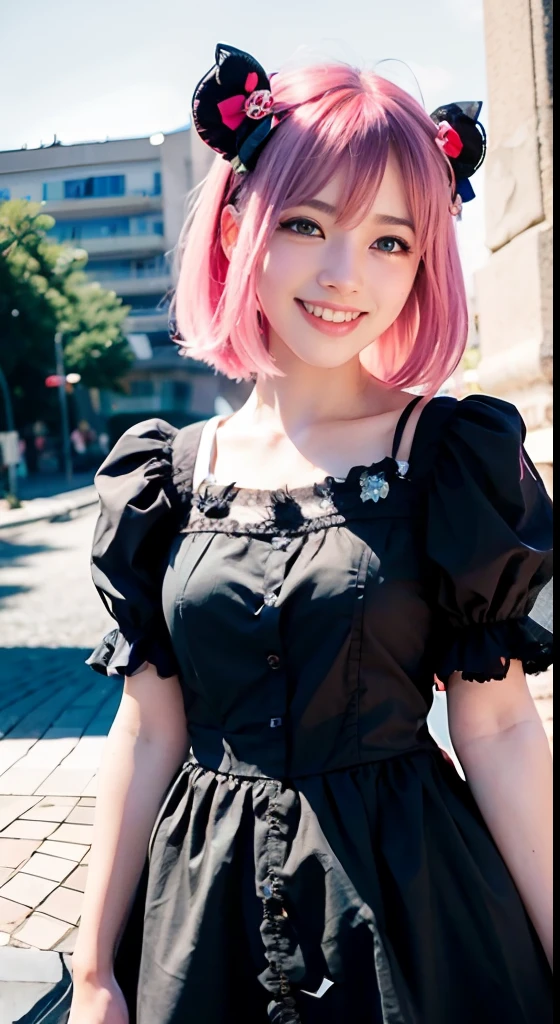(ultra-detailliert), Frontal Face,head shot, Front view,Cute princess dress in black,(frilly dress),(shortsleeves),Blue eyes,The upper part of the body、cowboy  shot、faces、(A smile:1.5),(facing front:1.2), 20yr old, teens girl,no tail,(no tail),2D, ​masterpiece, top-quality, animesque, A detailed eye, A detailed face, girl with, Only 1 person,Medium hair with pink hair, (Pink hair),  small tits, straight haired、 Stand at the intersection、(No headband)、No ears