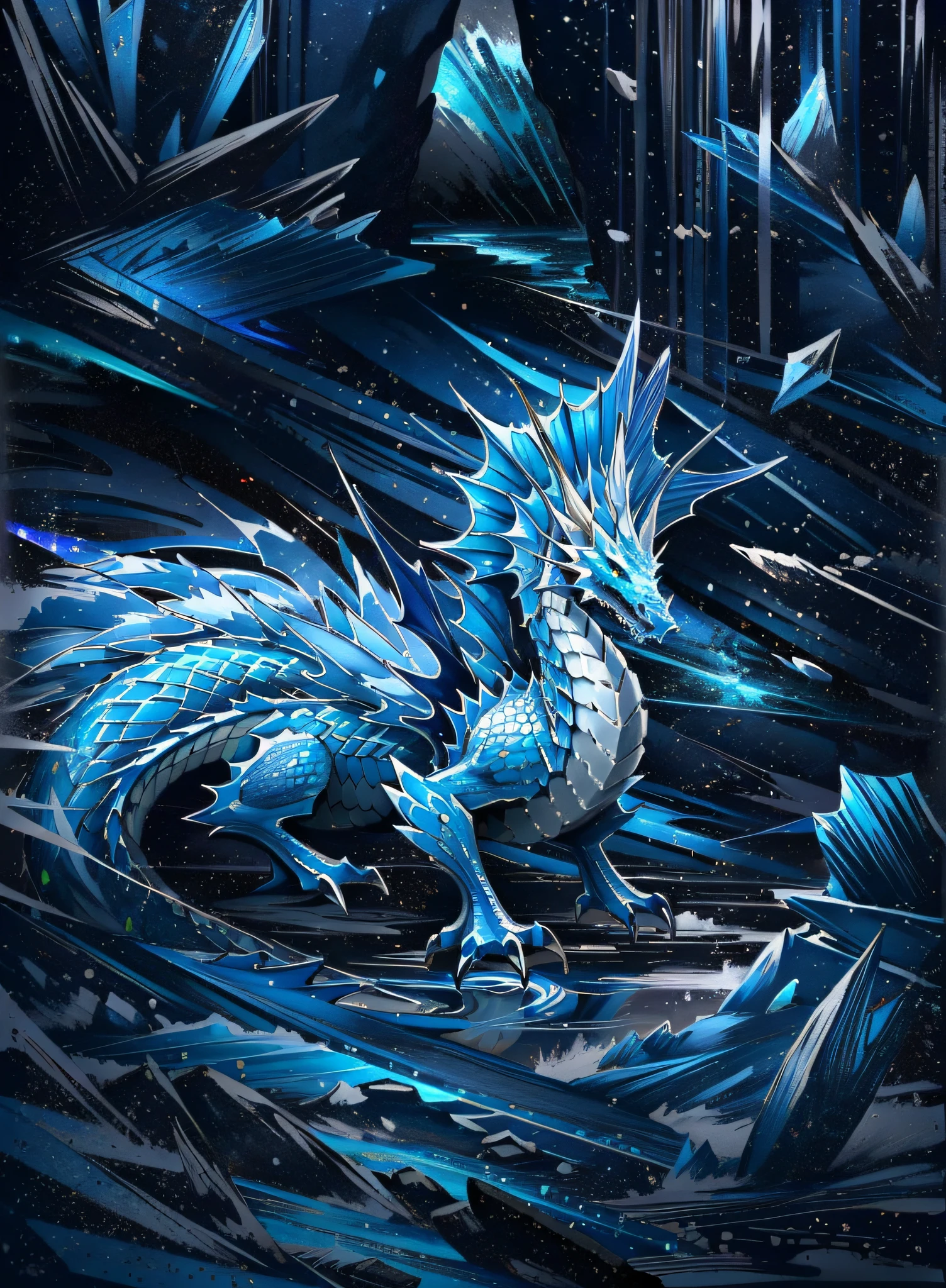 There is a large dragon standing in the middle of the cave, Frost Dragon, Crystal Dragon, sliver ice color reflected armor, blue scaly dragon, infused with zerg hydralisk, zerg hydralisk, crystalized scales, Dragon inspired blue armor, iridescence water elemental, storm dragon, scales skin dog, jormungandr