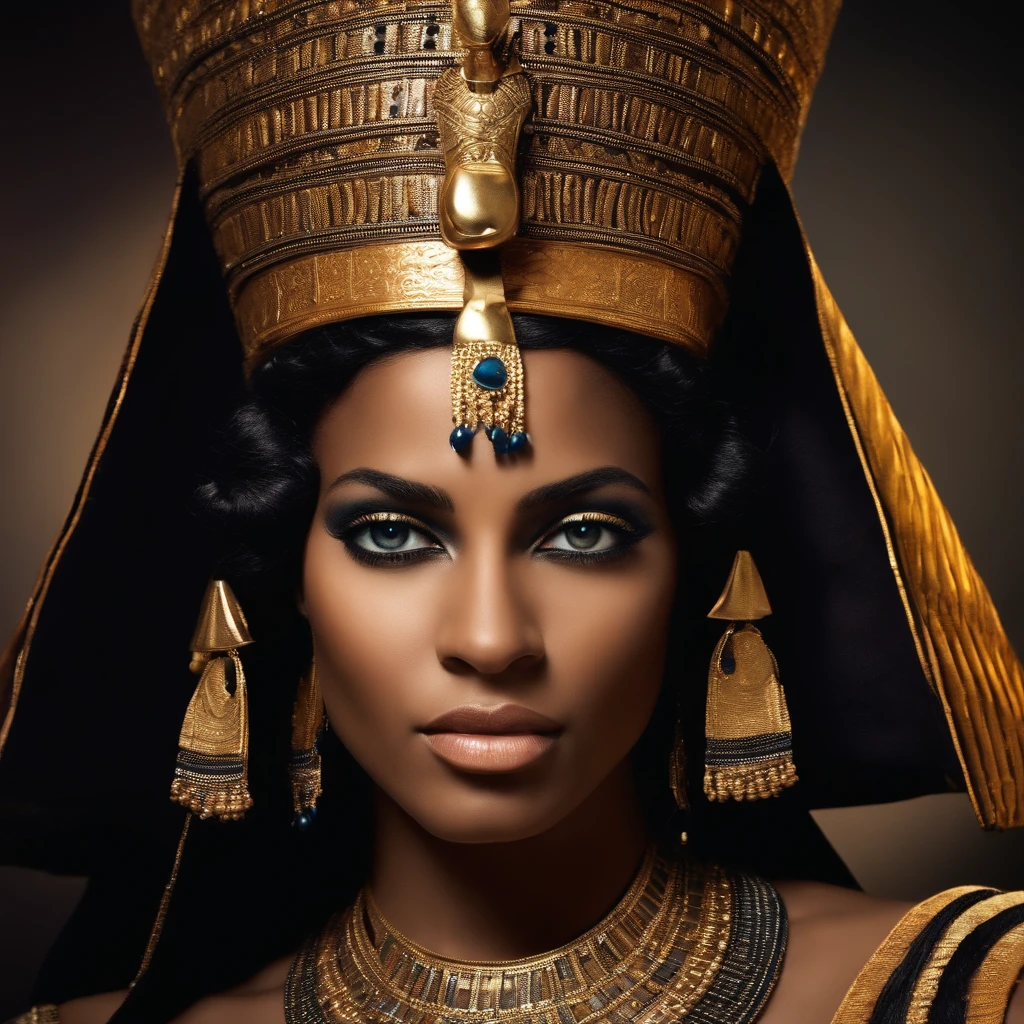 A photo of Cleopatra with half of her face with European features and fair skin and the other half with African features and dark skin, representing his mixed ancestry.