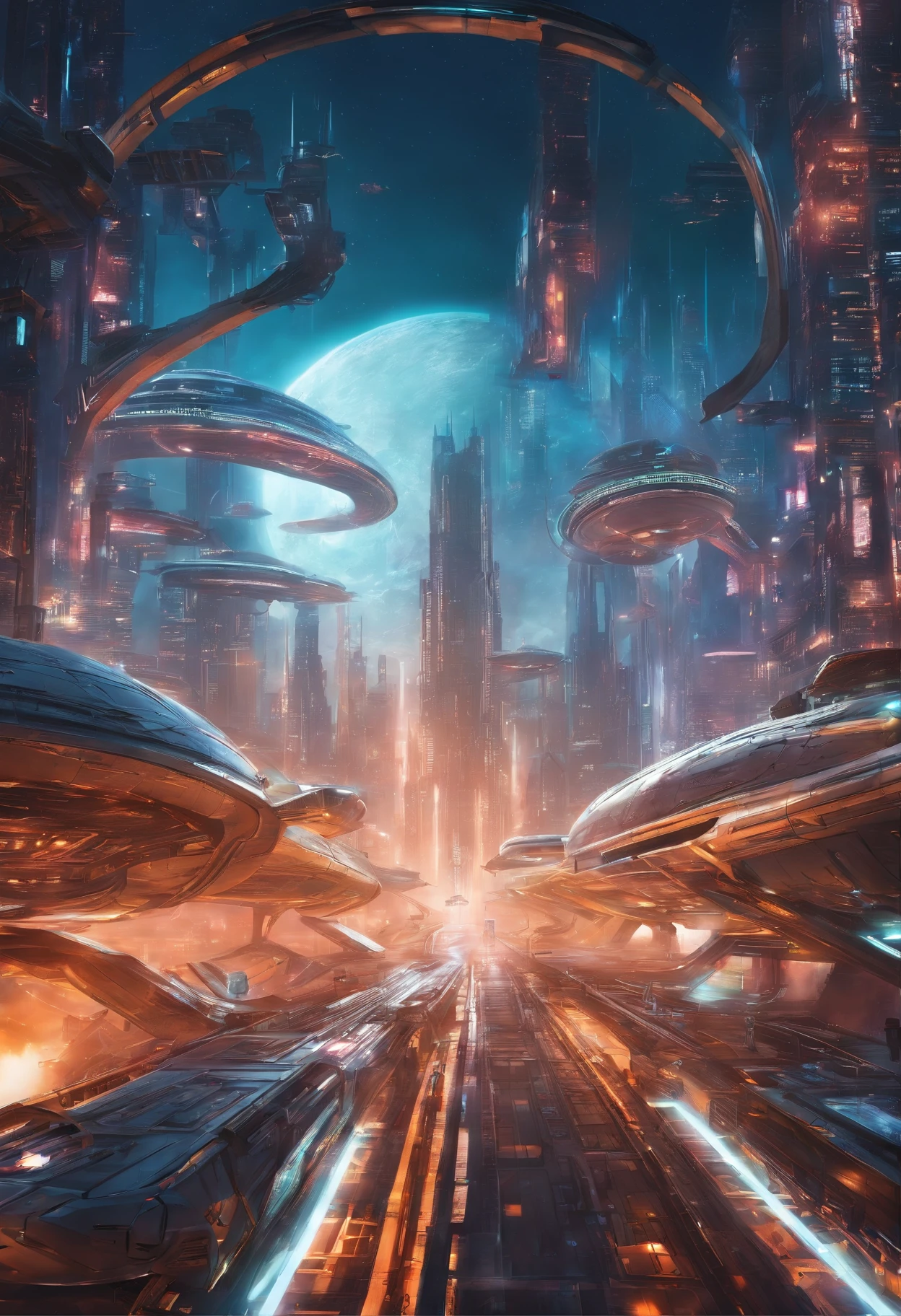 Futuristic city with futuristic train and futuristic buildings at night, Futuristic concept art, in other words、Futuristic city, in fantasy sci - fi city, Beautiful city of the future, futuristic utopian city, Concept Art 8K Resolution, Concept Art 8K Resolution, City of the Future, futuristic space port, concept art 8 k, Science Fiction Hollywood Concept Art top-quality masterpiece