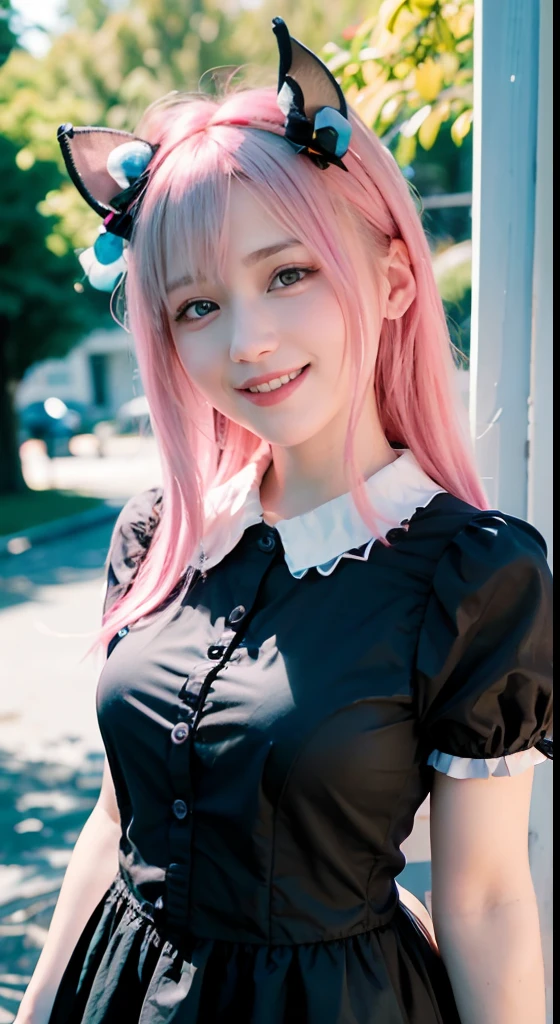(ultra-detailliert), Frontal Face,head shot, Front view,Cute princess dress in black,(frilly dress),(shortsleeves),Blue eyes,The upper part of the body、cowboy shot、faces、(A smile:1.5),(facing front:1.2), 20yr old, teens girl,no tail,(no tail),2D, masterpiece, top-quality, animesque, A detailed eye, A detailed face, girl with, Only 1 person,Medium hair with pink hair, (Pink hair), small tits, straight haired、 Stand at the intersection、(No headband)、No ears